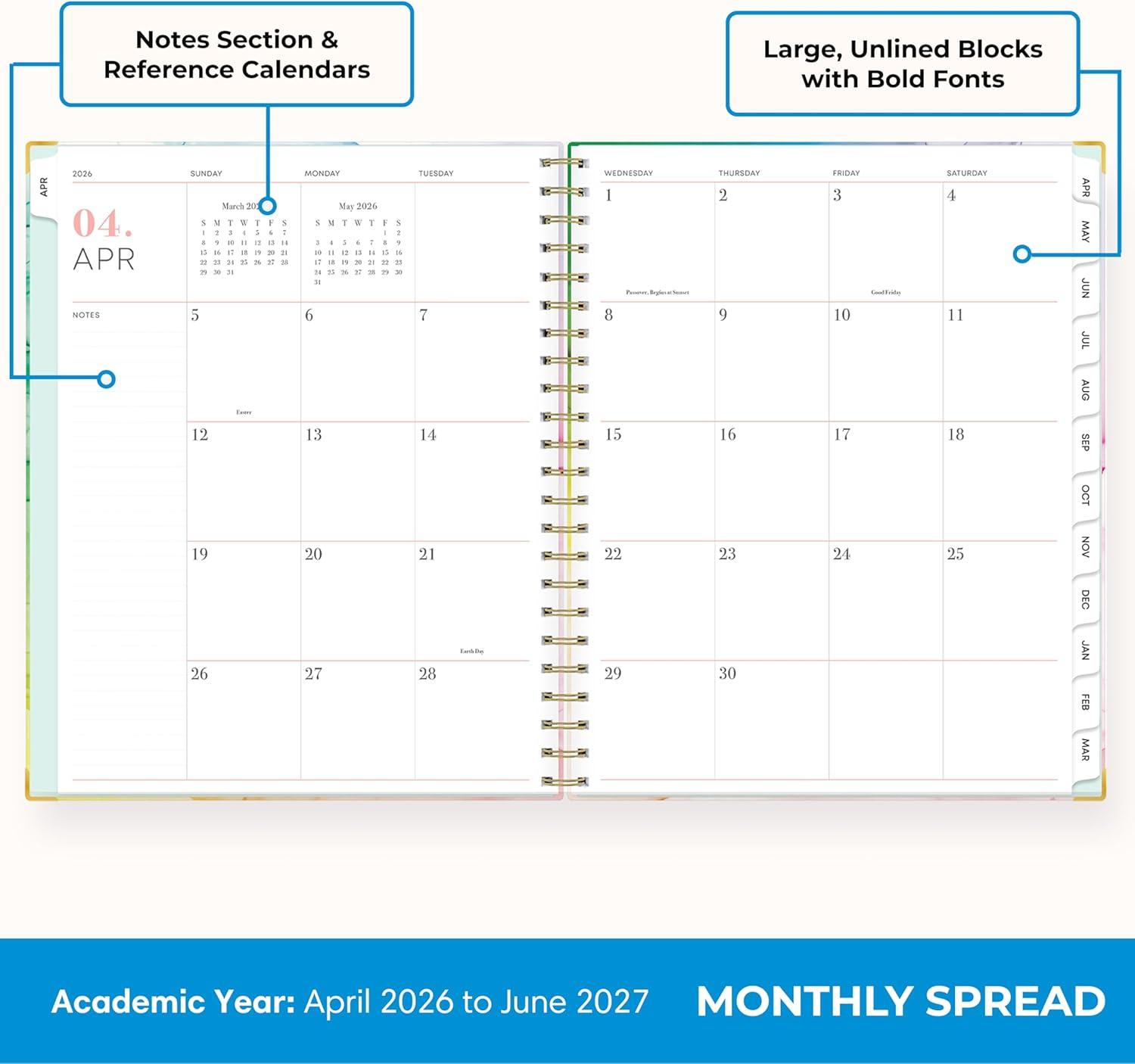 image:imageBlue Sky 15 Month 20262027 Weekly and Monthly Academic Year Planner Calendar April 2026 June 2027 85 x 11 Hard Cover Wirebound Laminated Tabs Storage Pocket Includes Snapin Ruler wSticky Notes amp Sticker Sheet Rainbow InkRainbow Ink 20262027
