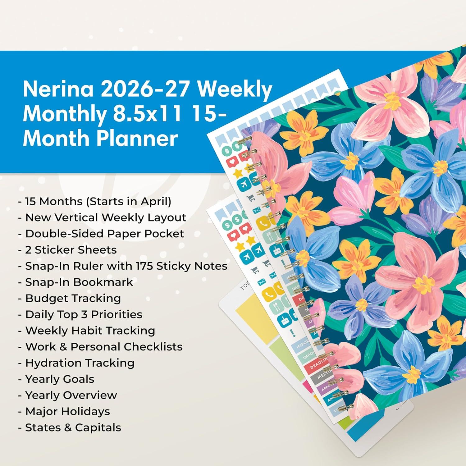 image:imageBlue Sky 15 Month 20262027 Weekly and Monthly Academic Year Planner Calendar April 2026 June 2027 85 x 11 Hard Cover Wirebound Laminated Tabs Storage Pocket Includes Snapin Ruler wSticky Notes amp Sticker Sheet NerinaNerina 20262027