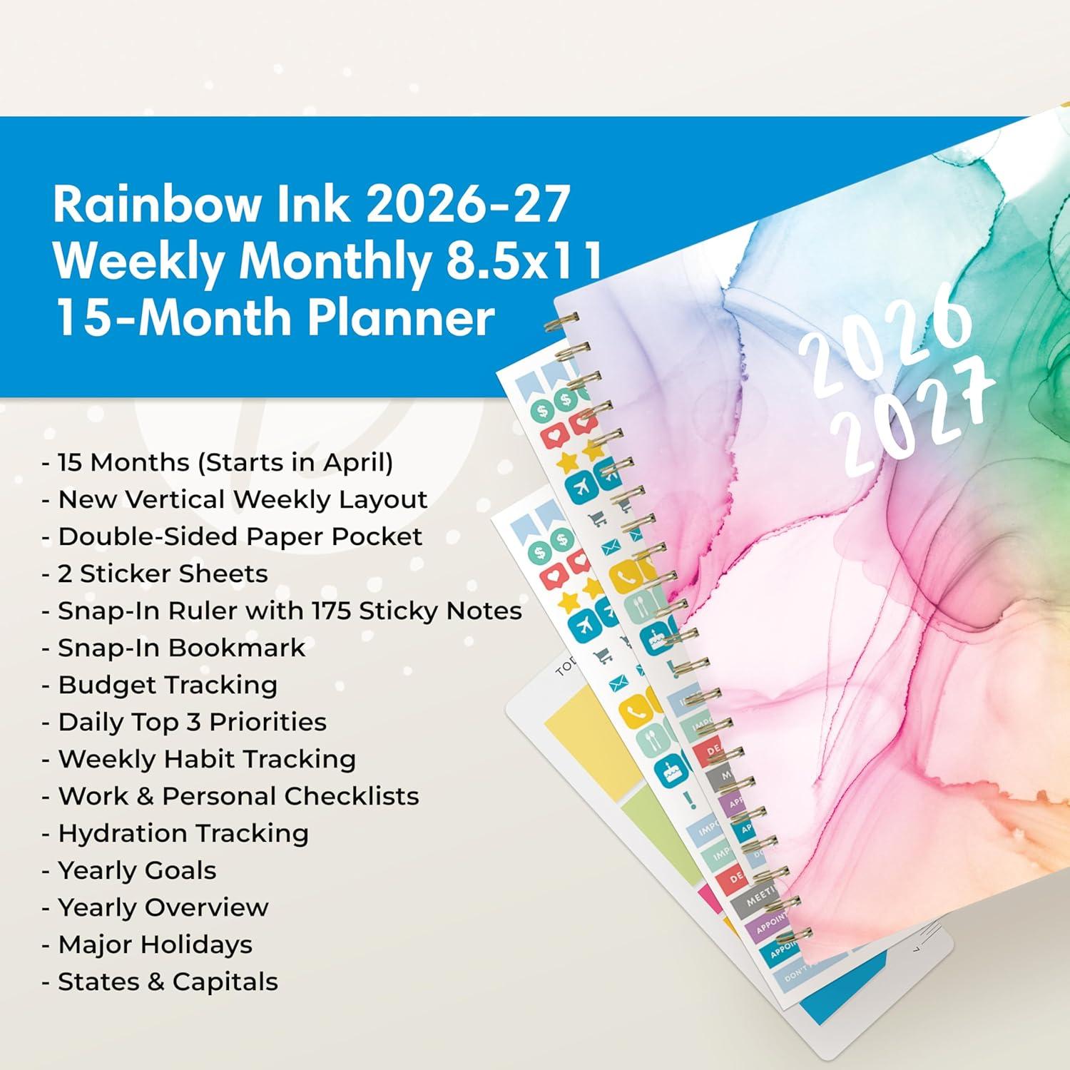 image:imageBlue Sky 15 Month 20262027 Weekly and Monthly Academic Year Planner Calendar April 2026 June 2027 85 x 11 Hard Cover Wirebound Laminated Tabs Storage Pocket Includes Snapin Ruler wSticky Notes amp Sticker Sheet Rainbow InkRainbow Ink 20262027