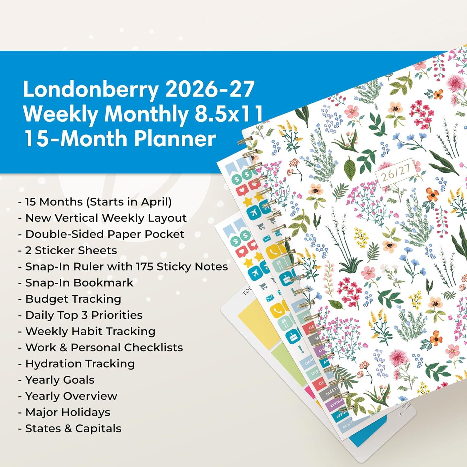 image:imageBlue Sky 15 Month 20262027 Weekly and Monthly Academic Year Planner Calendar April 2026 June 2027 85 x 11 Hard Cover Wirebound Laminated Tabs Storage Pocket Includes Snapin Ruler wSticky Notes amp Sticker Sheet Londonberry WhiteLondonberry 20262027