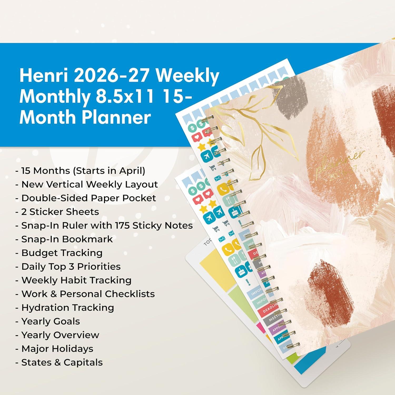 image:imageBlue Sky 15 Month 20262027 Weekly and Monthly Academic Year Planner Calendar April 2026 June 2027 85 x 11 Hard Cover Wirebound Laminated Tabs Storage Pocket Includes Snapin Ruler wSticky Notes amp Sticker Sheet HenriHenri 20262027