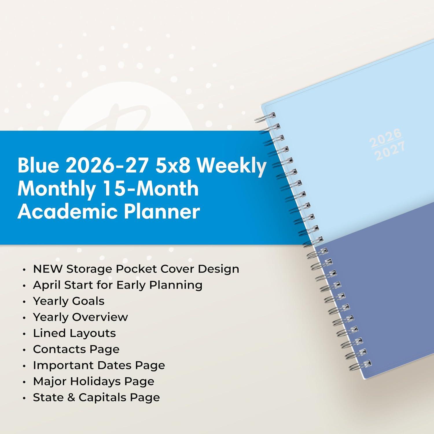 image:imageBlue Sky 20262027 Weekly and Monthly Academic Year 15 Month Planner Calendar April 2026 June 2027 5 x 8 Flexible Cover With Pockets Wirebound Storage Pocket BluesBlues 20262027