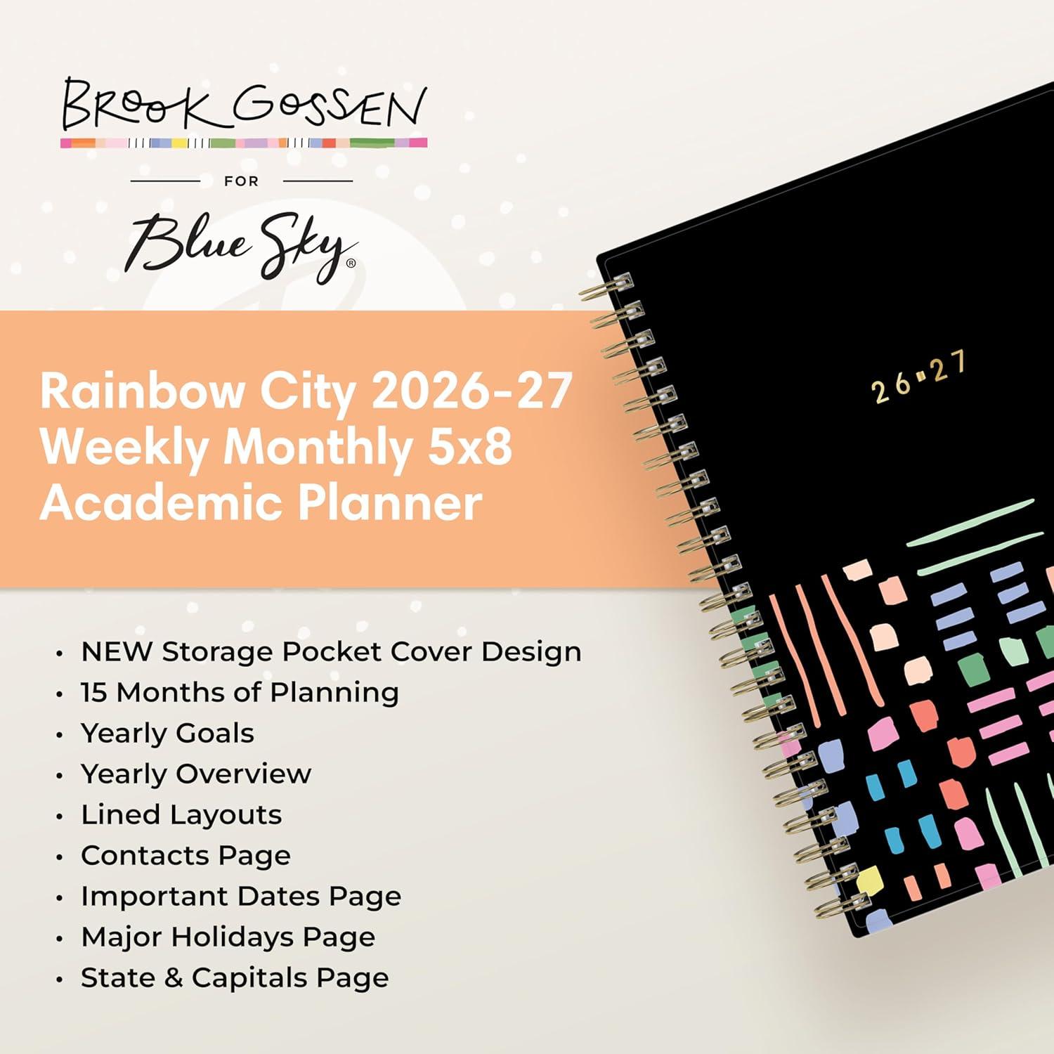 image:imageBlue Sky Brook Gossen 15 Month 20262027 Weekly and Monthly Academic Year Planner Calendar April 2026 June 2027 5 x 8 Flexible Cover With Zip Pouch Wirebound Laminated Tabs Storage Pocket Rainbow CityRainbow City 20262027