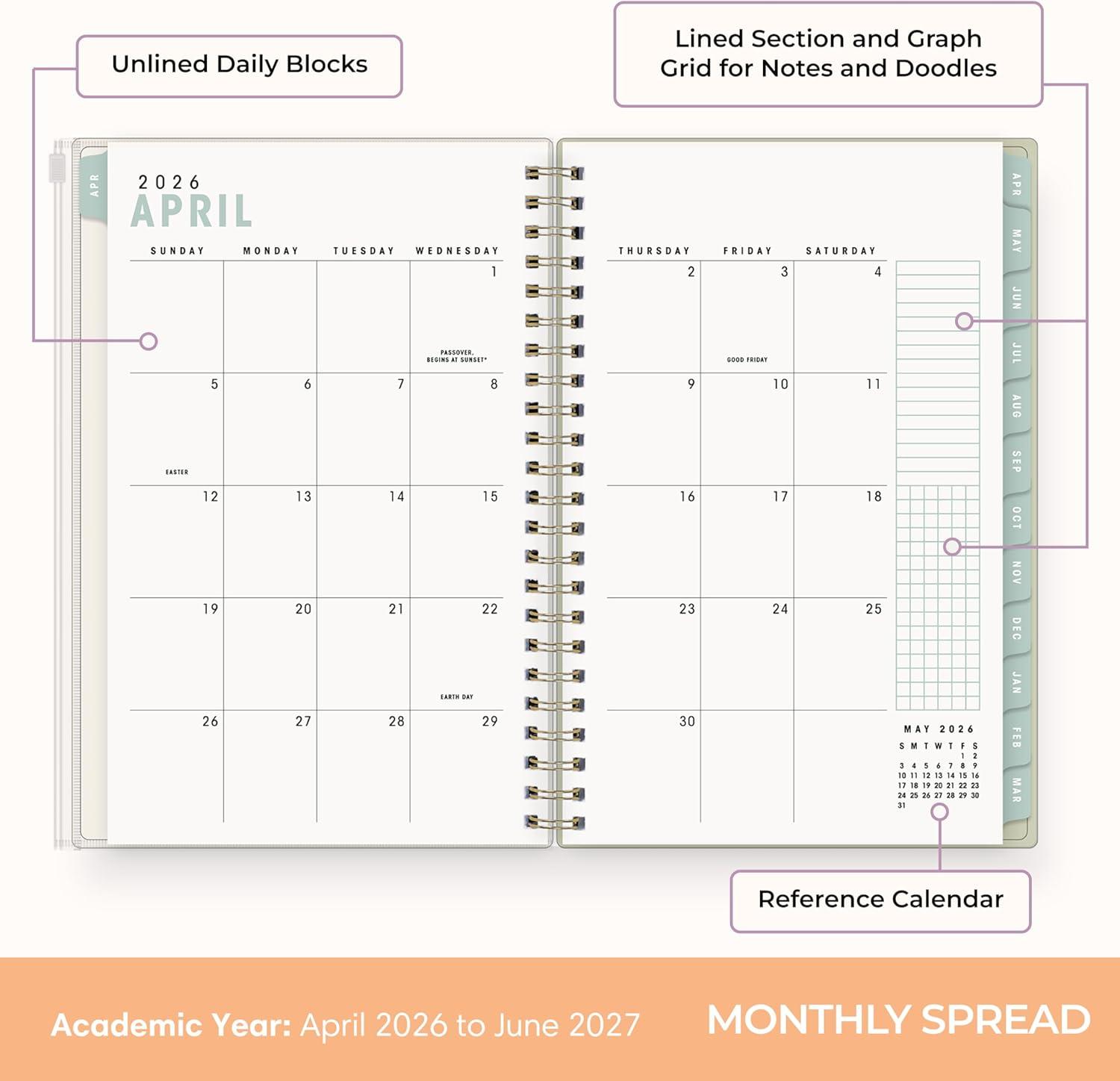 image:imageBlue Sky Brook Gossen 15 Month 20262027 Weekly and Monthly Academic Year Planner Calendar April 2026 June 2027 5 x 8 Flexible Cover With Zip Pouch Wirebound Laminated Tabs Storage Pocket Green CheckGreen Check 20262027