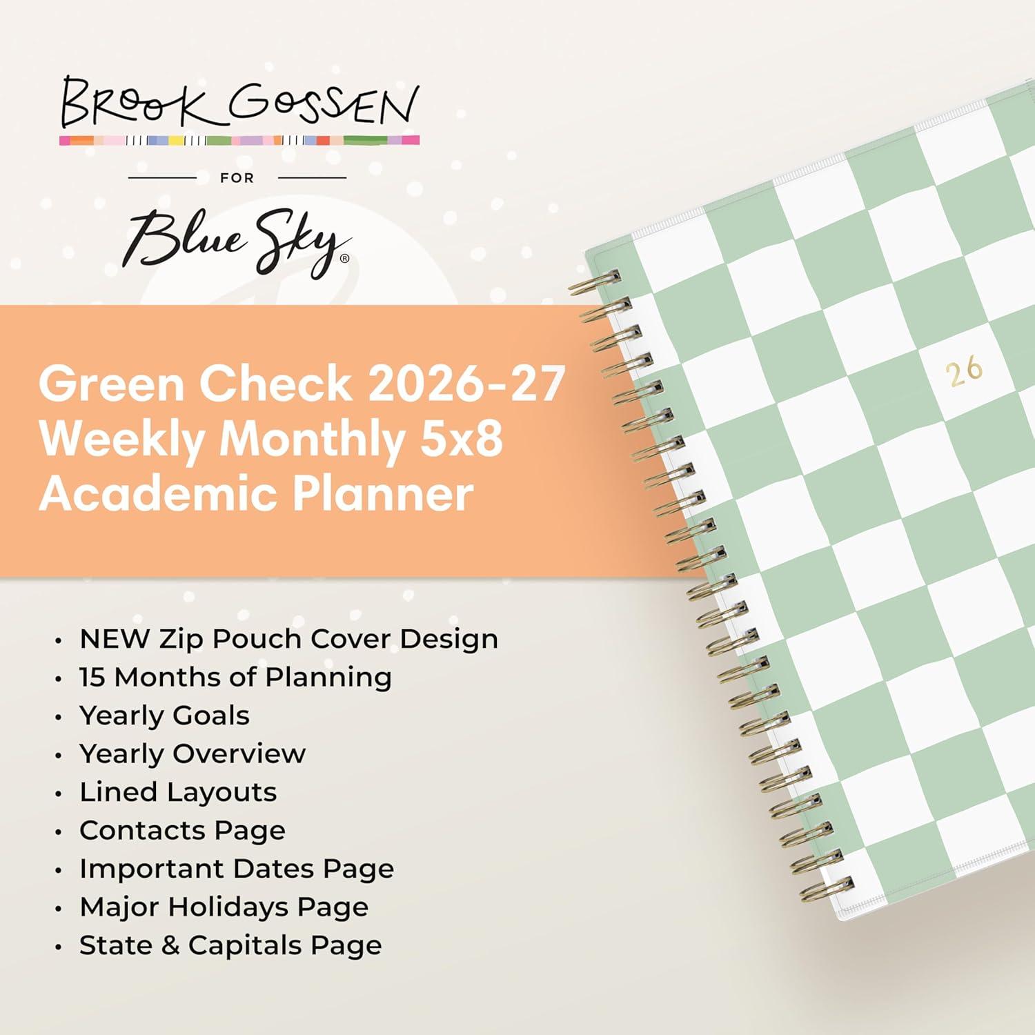 image:imageBlue Sky Brook Gossen 15 Month 20262027 Weekly and Monthly Academic Year Planner Calendar April 2026 June 2027 5 x 8 Flexible Cover With Zip Pouch Wirebound Laminated Tabs Storage Pocket Green CheckGreen Check 20262027