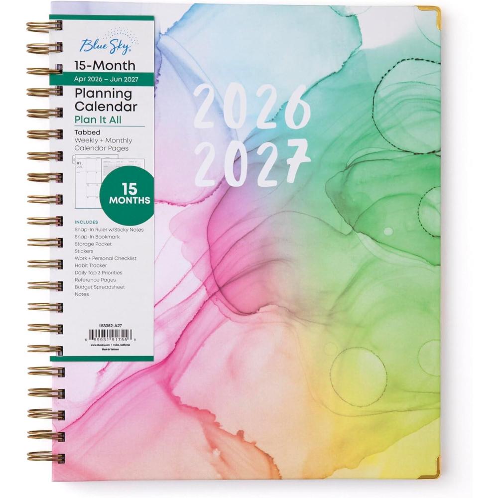 image:imageBlue Sky 15 Month 20262027 Weekly and Monthly Academic Year Planner Calendar April 2026 June 2027 85 x 11 Hard Cover Wirebound Laminated Tabs Storage Pocket Includes Snapin Ruler wSticky Notes amp Sticker Sheet Rainbow InkRainbow Ink 20262027