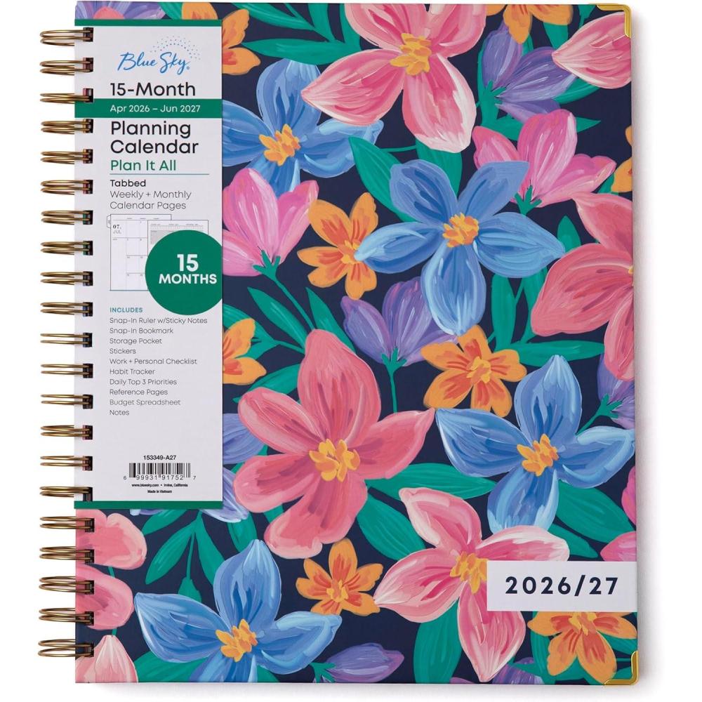 image:imageBlue Sky 15 Month 20262027 Weekly and Monthly Academic Year Planner Calendar April 2026 June 2027 85 x 11 Hard Cover Wirebound Laminated Tabs Storage Pocket Includes Snapin Ruler wSticky Notes amp Sticker Sheet NerinaNerina 20262027
