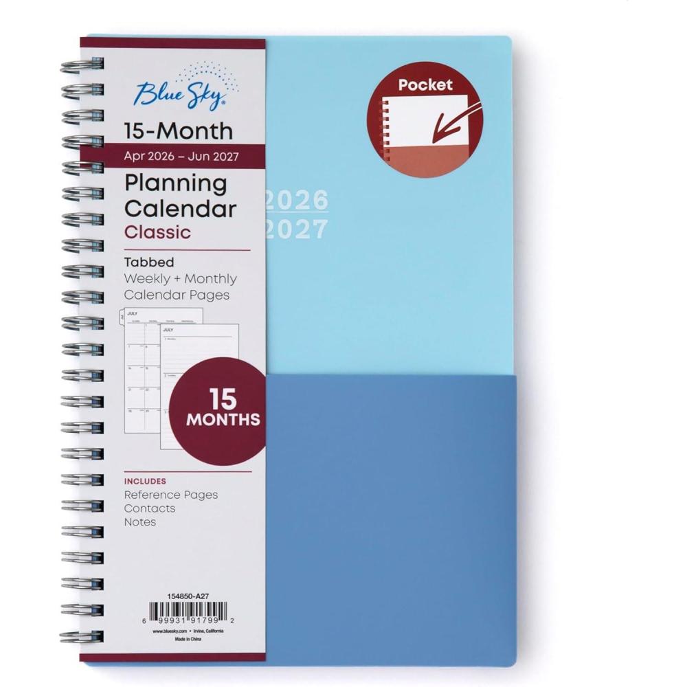 image:imageBlue Sky 20262027 Weekly and Monthly Academic Year 15 Month Planner Calendar April 2026 June 2027 5 x 8 Flexible Cover With Pockets Wirebound Storage Pocket BluesBlues 20262027