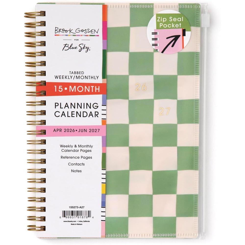 image:imageBlue Sky Brook Gossen 15 Month 20262027 Weekly and Monthly Academic Year Planner Calendar April 2026 June 2027 5 x 8 Flexible Cover With Zip Pouch Wirebound Laminated Tabs Storage Pocket Green CheckGreen Check 20262027