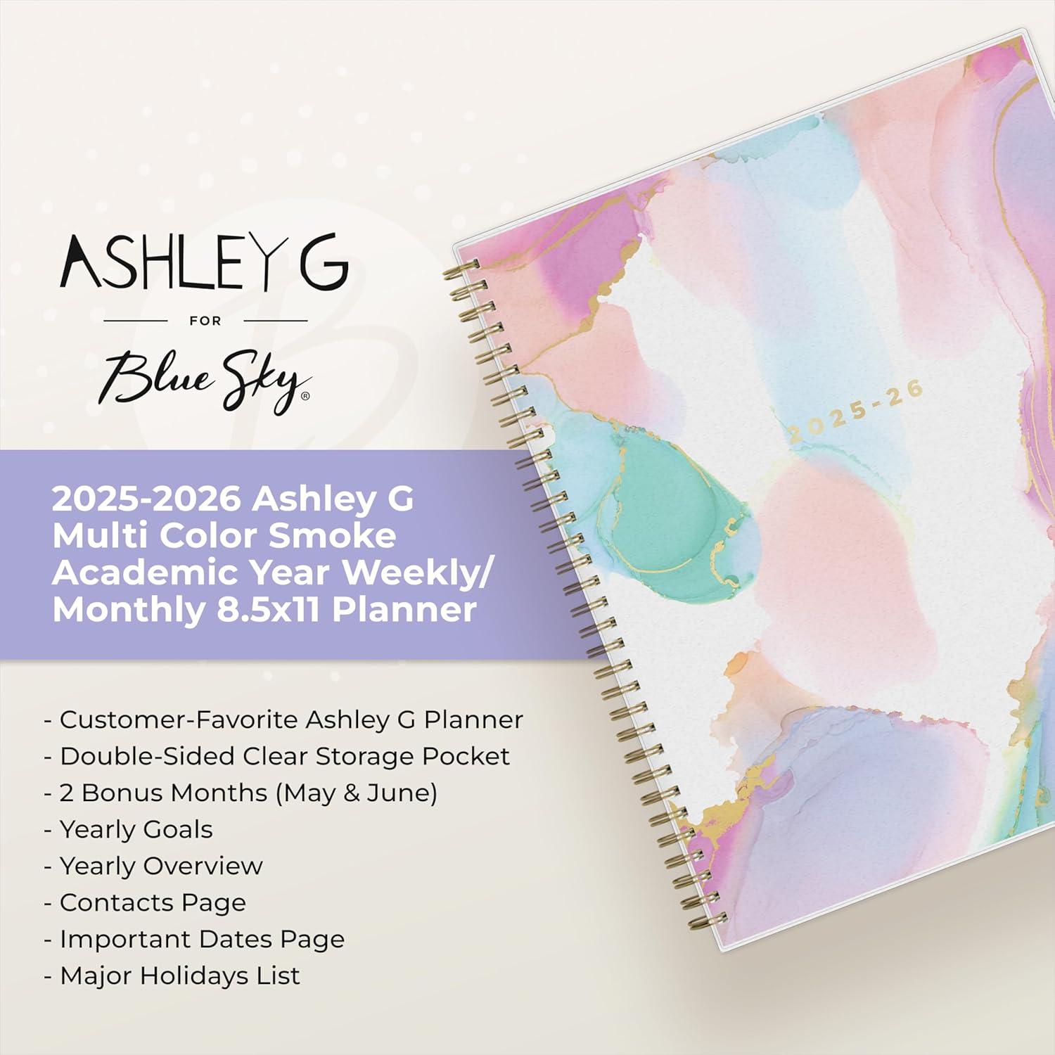 image:imageBlue Sky Ashley G 20262027 Weekly and Monthly Academic Year Planner Calendar July 2026 June 2027 85 x 11 Flexible Cover Wirebound Laminated Tabs Storage Pocket Includes Sticker Sheet Multi Color SmokeMulti Color Smoke 20252026