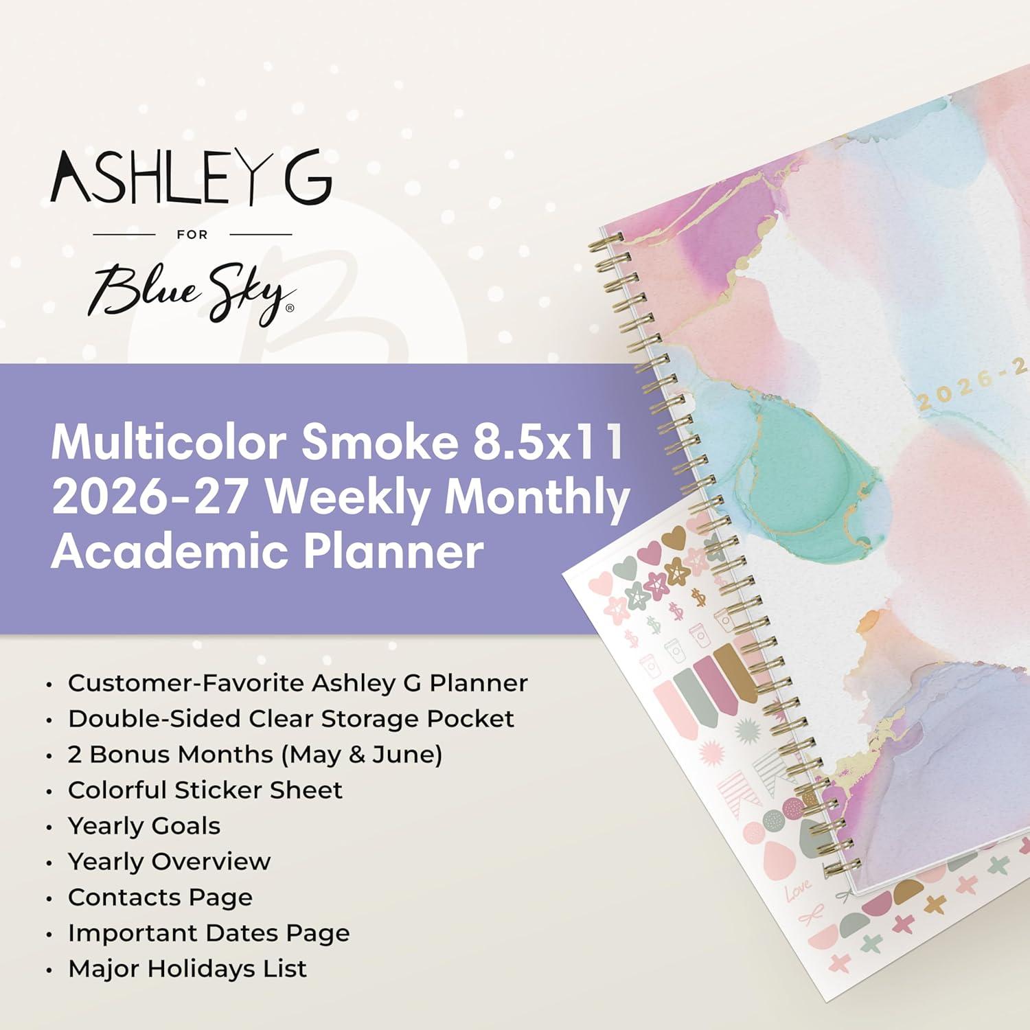 image:imageBlue Sky Ashley G 20262027 Weekly and Monthly Academic Year Planner Calendar July 2026 June 2027 85 x 11 Flexible Cover Wirebound Laminated Tabs Storage Pocket Includes Sticker Sheet Multi Color SmokeMulti Color Smoke 20262027
