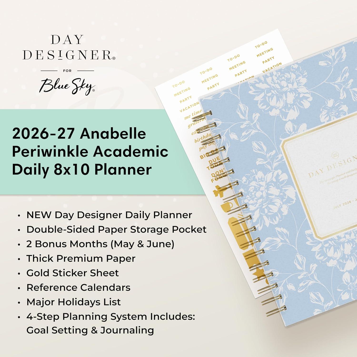 image:imageBlue Sky Day Designer 20262027 Daily and Monthly Academic Year Planner Calendar July 2026 June 2027 8 x 10 Flexible Cover Laminated Tabs Storage Pocket Includes Stickers AnnabelAnnabel 20262027