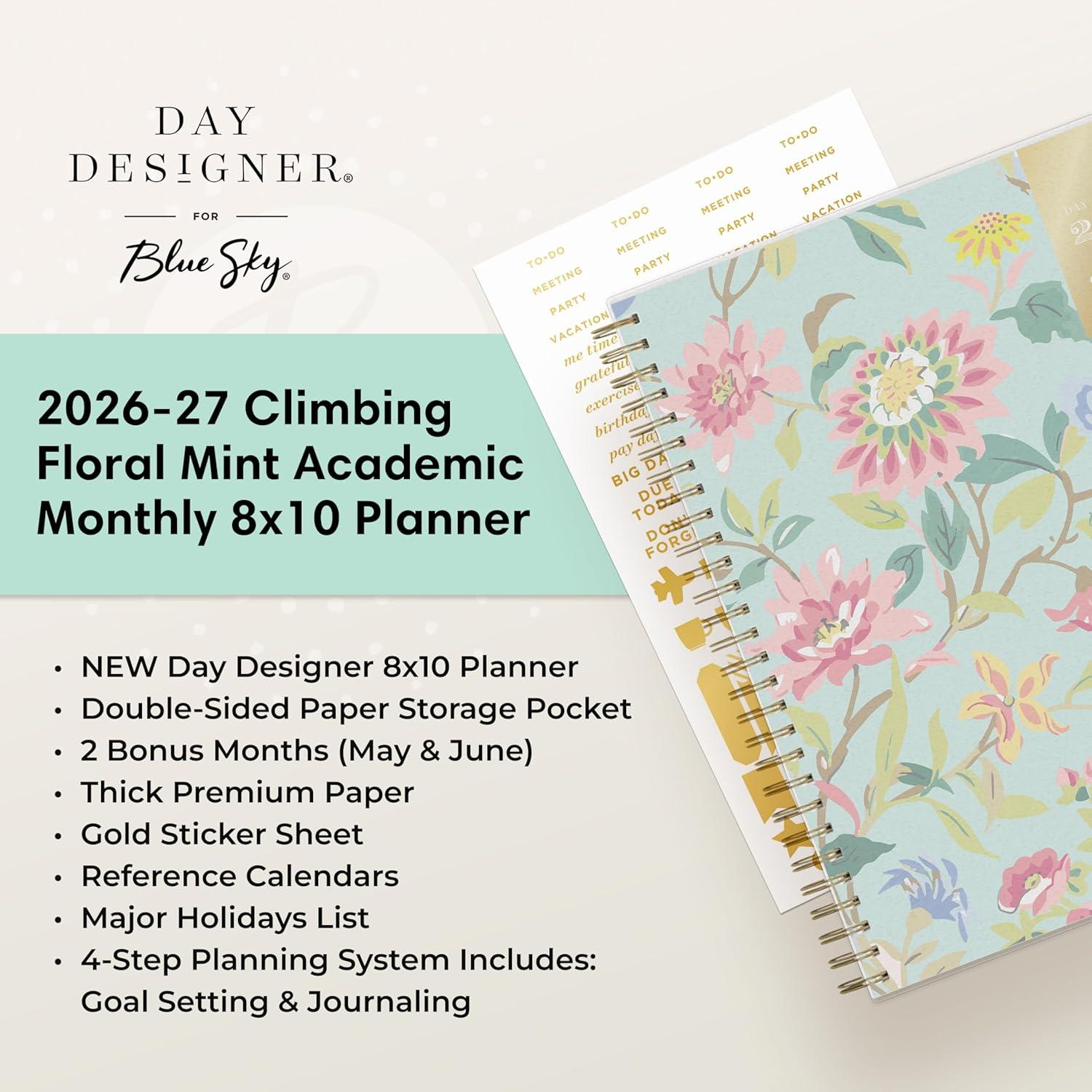 image:imageBlue Sky Day Designer 20262027 Monthly Academic Year Planner Calendar July 2026 June 2027 8 x 10 Monthly Layout Flexible Cover Wirebound Laminated Tabs Climbing Floral MintClimbing Floral Mint 20262027