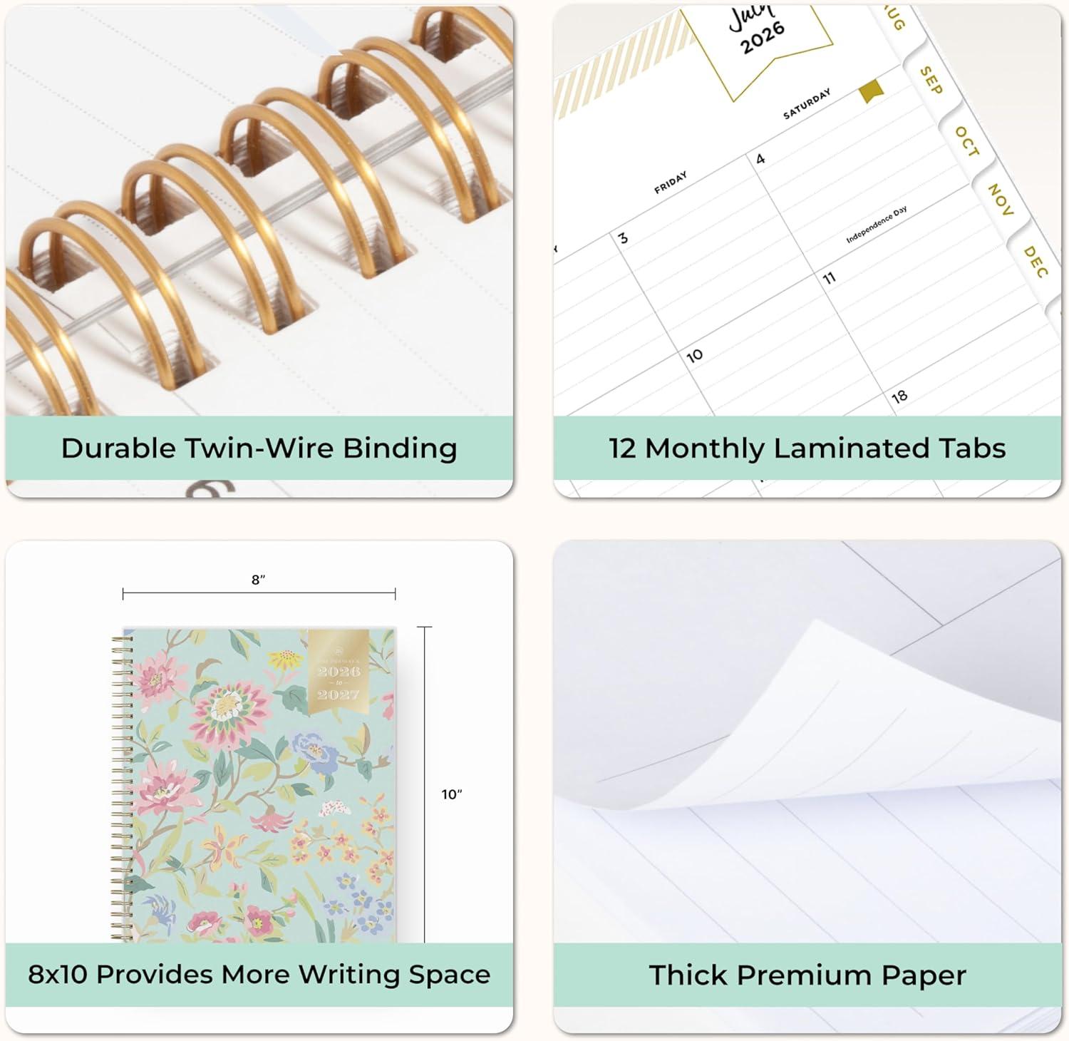 image:imageBlue Sky Day Designer 20262027 Monthly Academic Year Planner Calendar July 2026 June 2027 8 x 10 Monthly Layout Flexible Cover Wirebound Laminated Tabs Climbing Floral MintClimbing Floral Mint 20262027