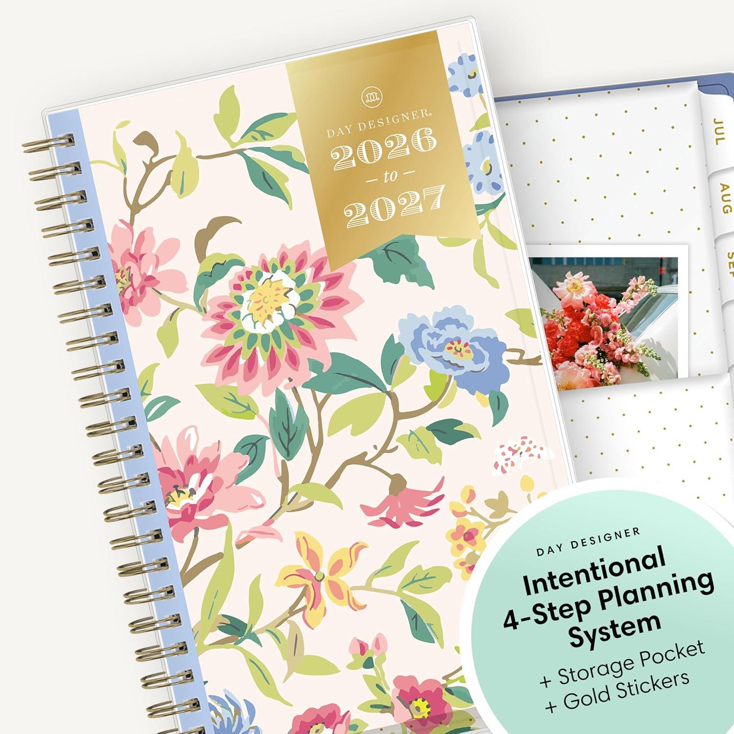 image:imageBlue Sky Day Designer 20262027 Weekly and Monthly Academic Year Planner Calendar July 2026 June 2027 5 x 8 Clear Pocket Cover Laminated Tabs Storage Pocket Includes Stickers Climbing Floral BlushClimbing Floral Blush 20262027