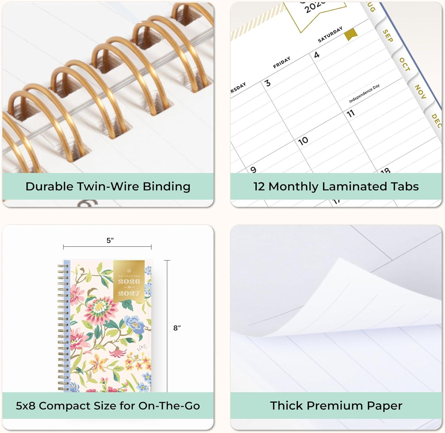 image:imageBlue Sky Day Designer 20262027 Weekly and Monthly Academic Year Planner Calendar July 2026 June 2027 5 x 8 Clear Pocket Cover Laminated Tabs Storage Pocket Includes Stickers Climbing Floral BlushClimbing Floral Blush 20262027