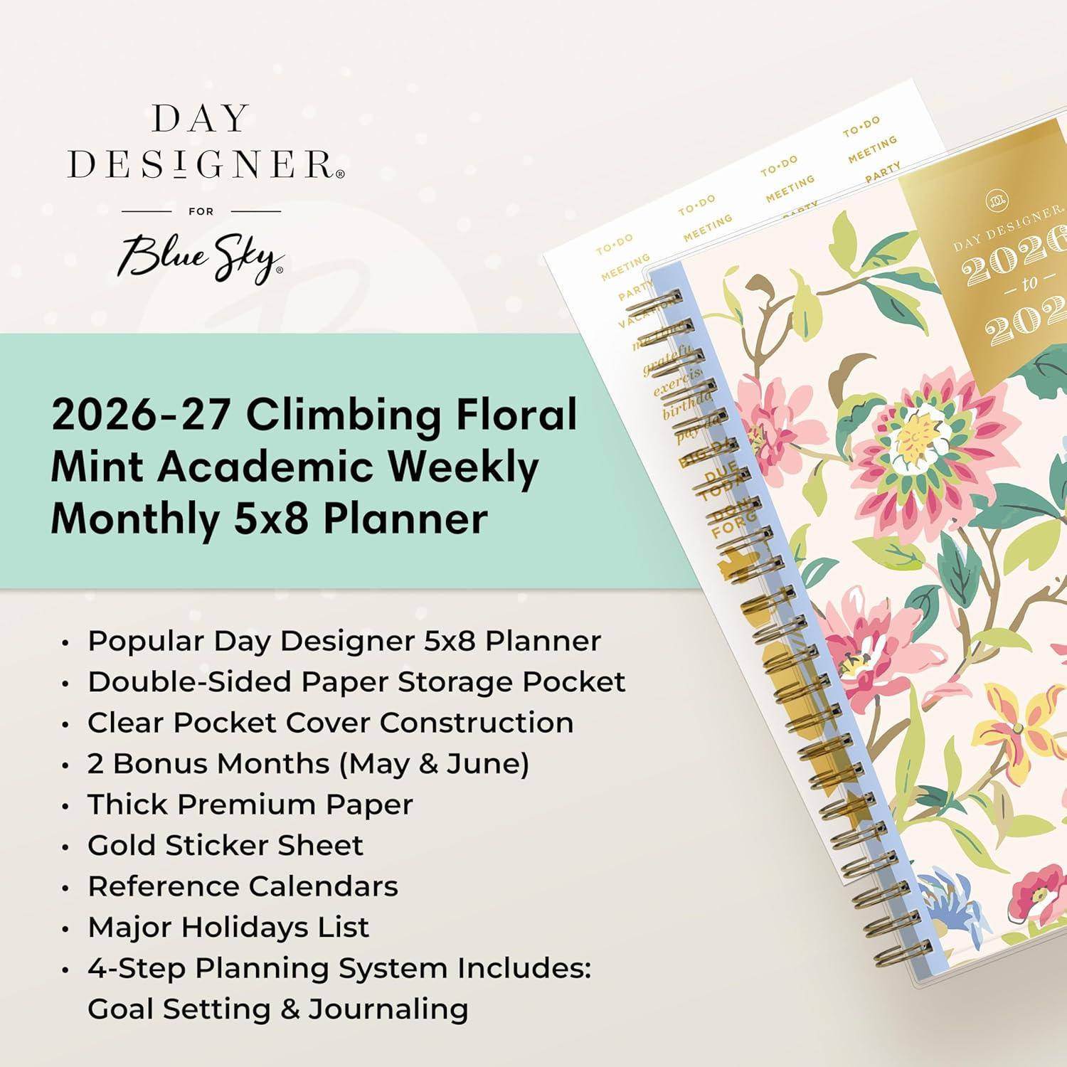 image:imageBlue Sky Day Designer 20262027 Weekly and Monthly Academic Year Planner Calendar July 2026 June 2027 5 x 8 Clear Pocket Cover Laminated Tabs Storage Pocket Includes Stickers Climbing Floral BlushClimbing Floral Blush 20262027