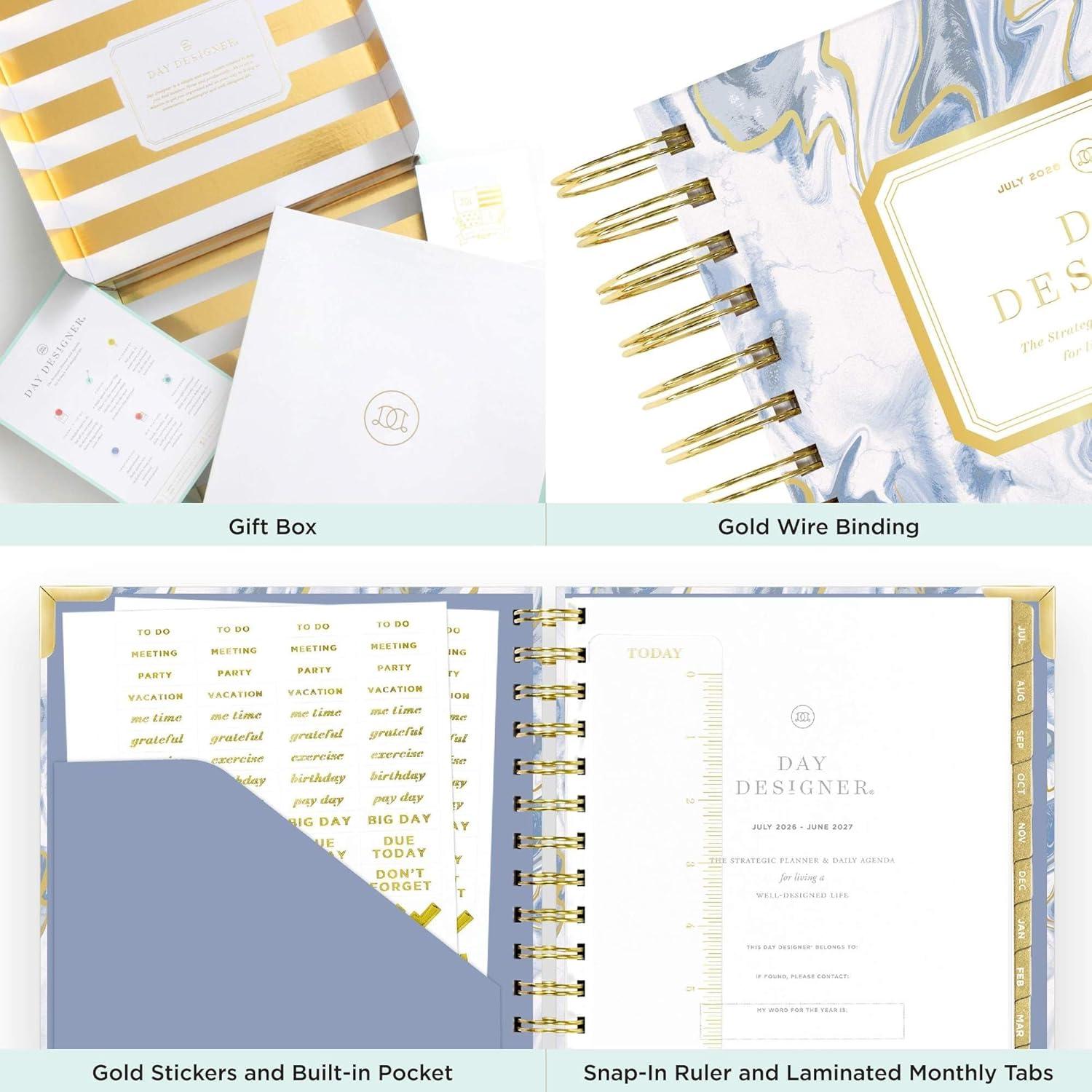 image:imageDay Designer 20262027 Daily Academic Year Planner Calendar July 2026 June 2027 74 x 95 Glossy Laminated Cover Wirebound Laminated Tabs Storage Pocket Includes Stickers amp SnapIn Ruler AzureAzure 202627