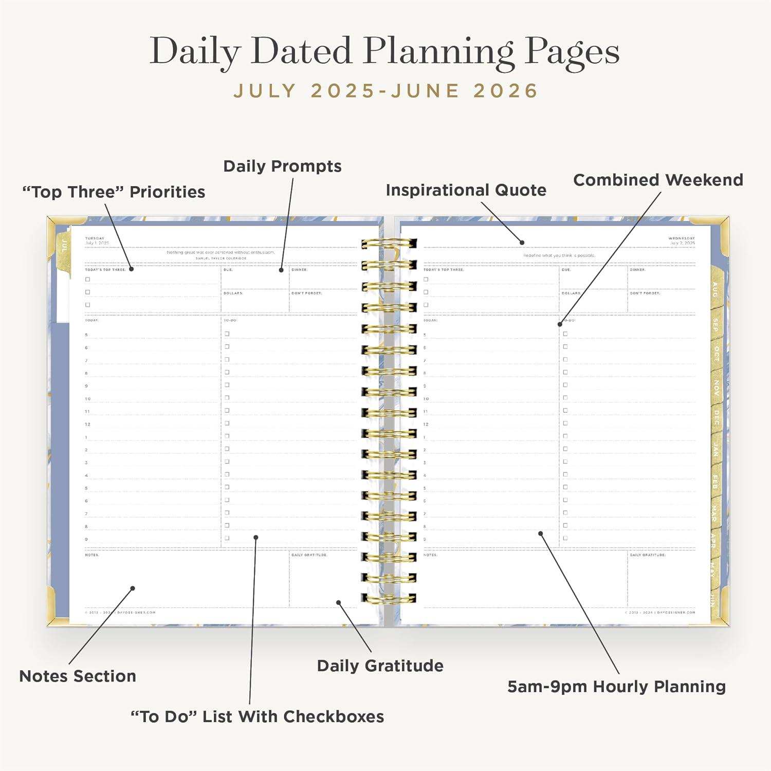 image:imageDay Designer 20262027 Daily Academic Year Planner Calendar July 2026 June 2027 74 x 95 Glossy Laminated Cover Wirebound Laminated Tabs Storage Pocket Includes Stickers amp SnapIn Ruler AzureAzure 20252026