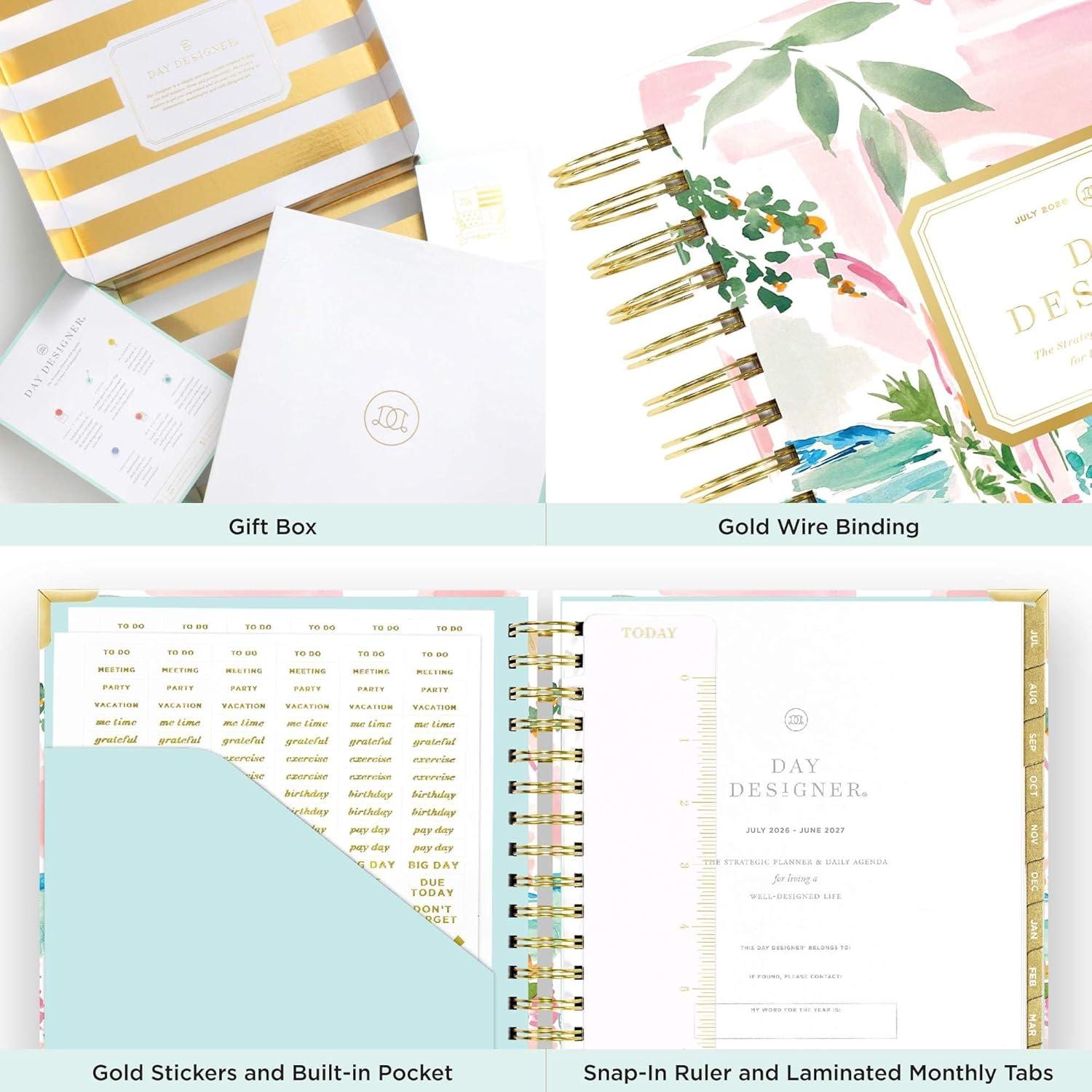 image:imageDay Designer 20262027 Daily Academic Year Planner Calendar July 2026 June 2027 74 x 95 Glossy Laminated Cover Wirebound Laminated Tabs Storage Pocket Includes Stickers amp SnapIn Ruler CapriCapri 202627