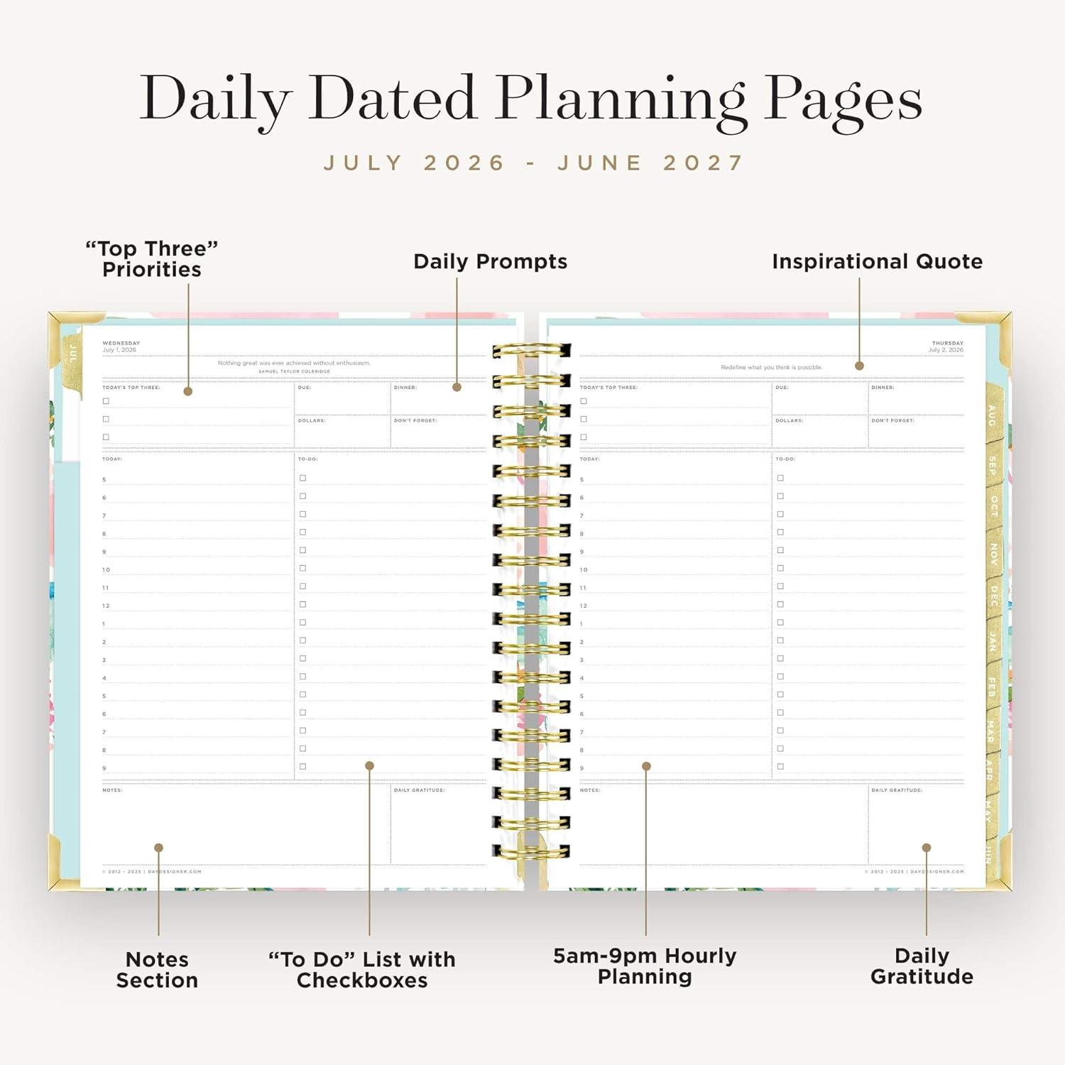 image:imageDay Designer 20262027 Daily Academic Year Planner Calendar July 2026 June 2027 74 x 95 Glossy Laminated Cover Wirebound Laminated Tabs Storage Pocket Includes Stickers amp SnapIn Ruler CapriCapri 202627