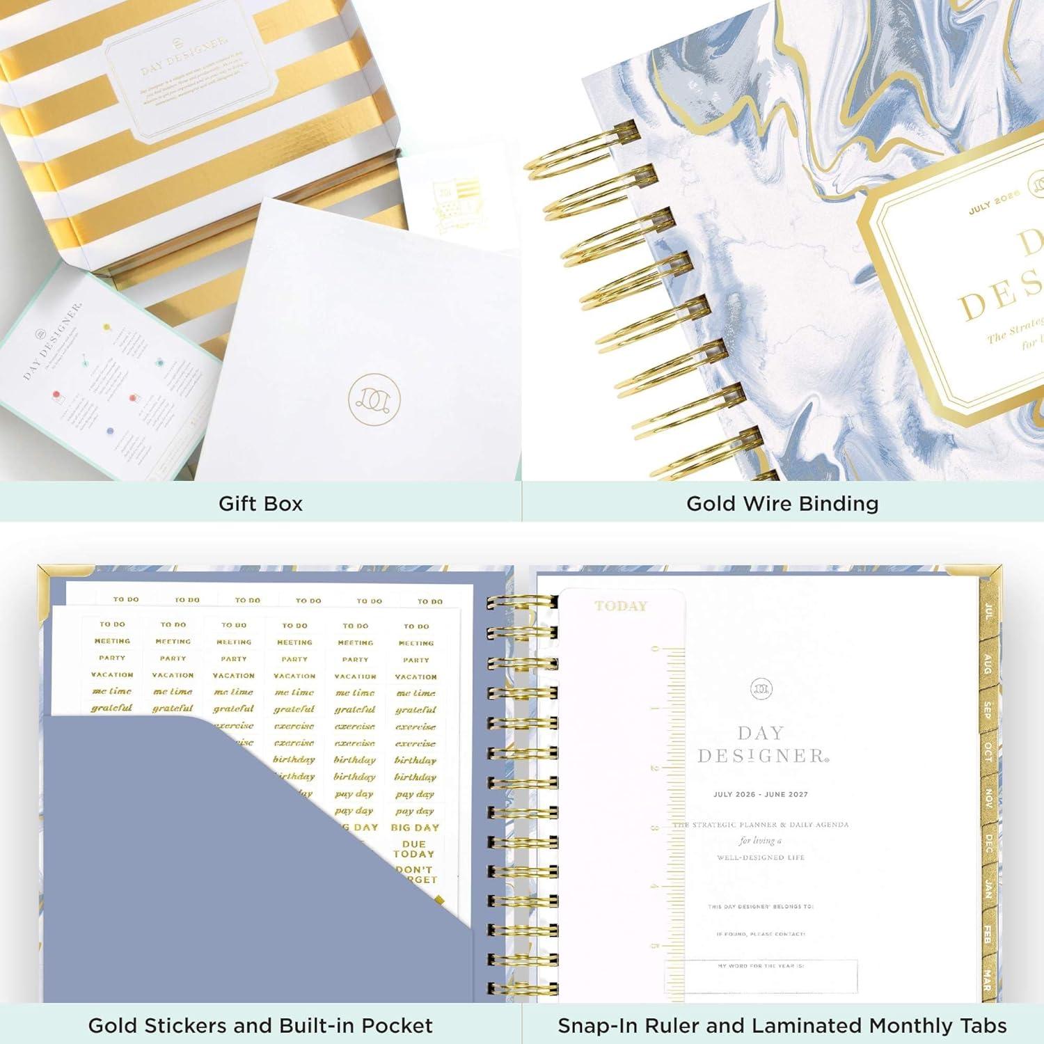 image:imageDay Designer 20262027 Daily Academic Year Planner Calendar July 2026 June 2027 74 x 95 Glossy Laminated Cover Wirebound Laminated Tabs Storage Pocket Includes Stickers amp SnapIn Ruler AzureAzure 202627