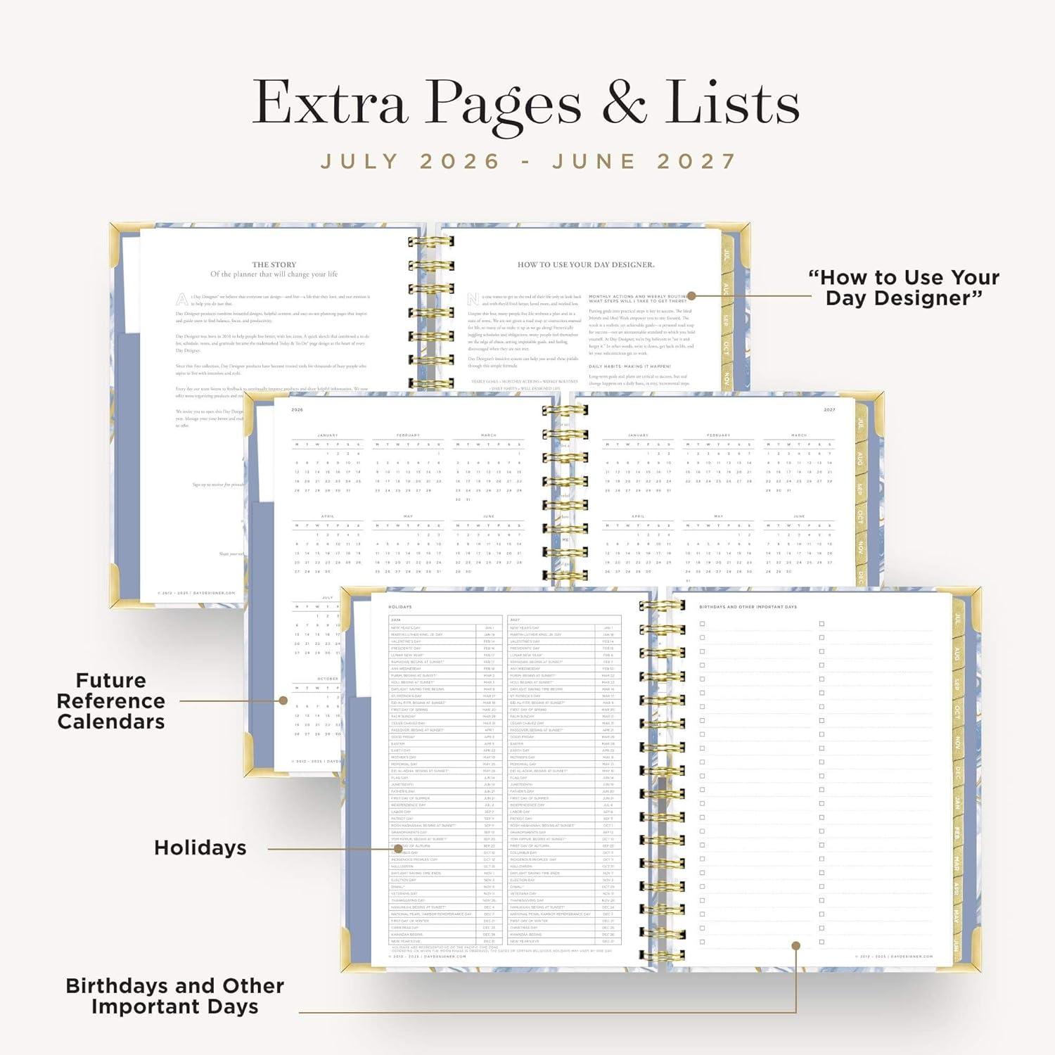 image:imageDay Designer 20262027 Daily Academic Year Planner Calendar July 2026 June 2027 74 x 95 Glossy Laminated Cover Wirebound Laminated Tabs Storage Pocket Includes Stickers amp SnapIn Ruler AzureAzure 202627