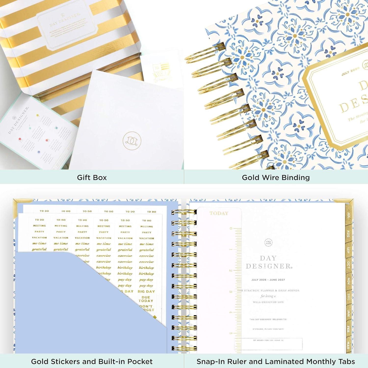 image:imageDay Designer 20262027 Daily Academic Year Planner Calendar July 2026 June 2027 74 x 95 Glossy Laminated Cover Wirebound Laminated Tabs Storage Pocket Includes Stickers amp SnapIn Ruler Casa BellaCasa Bella 202627
