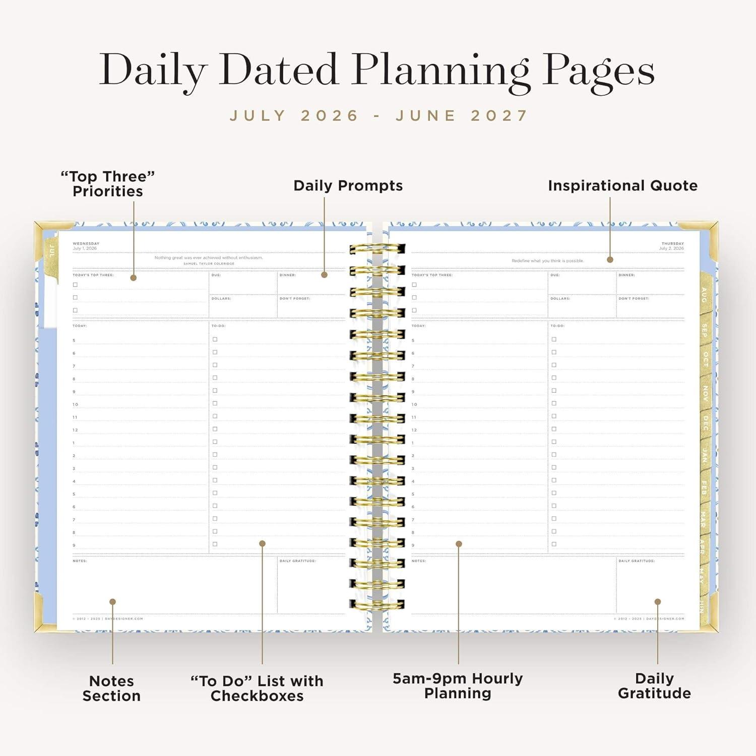 image:imageDay Designer 20262027 Daily Academic Year Planner Calendar July 2026 June 2027 74 x 95 Glossy Laminated Cover Wirebound Laminated Tabs Storage Pocket Includes Stickers amp SnapIn Ruler Casa BellaCasa Bella 202627
