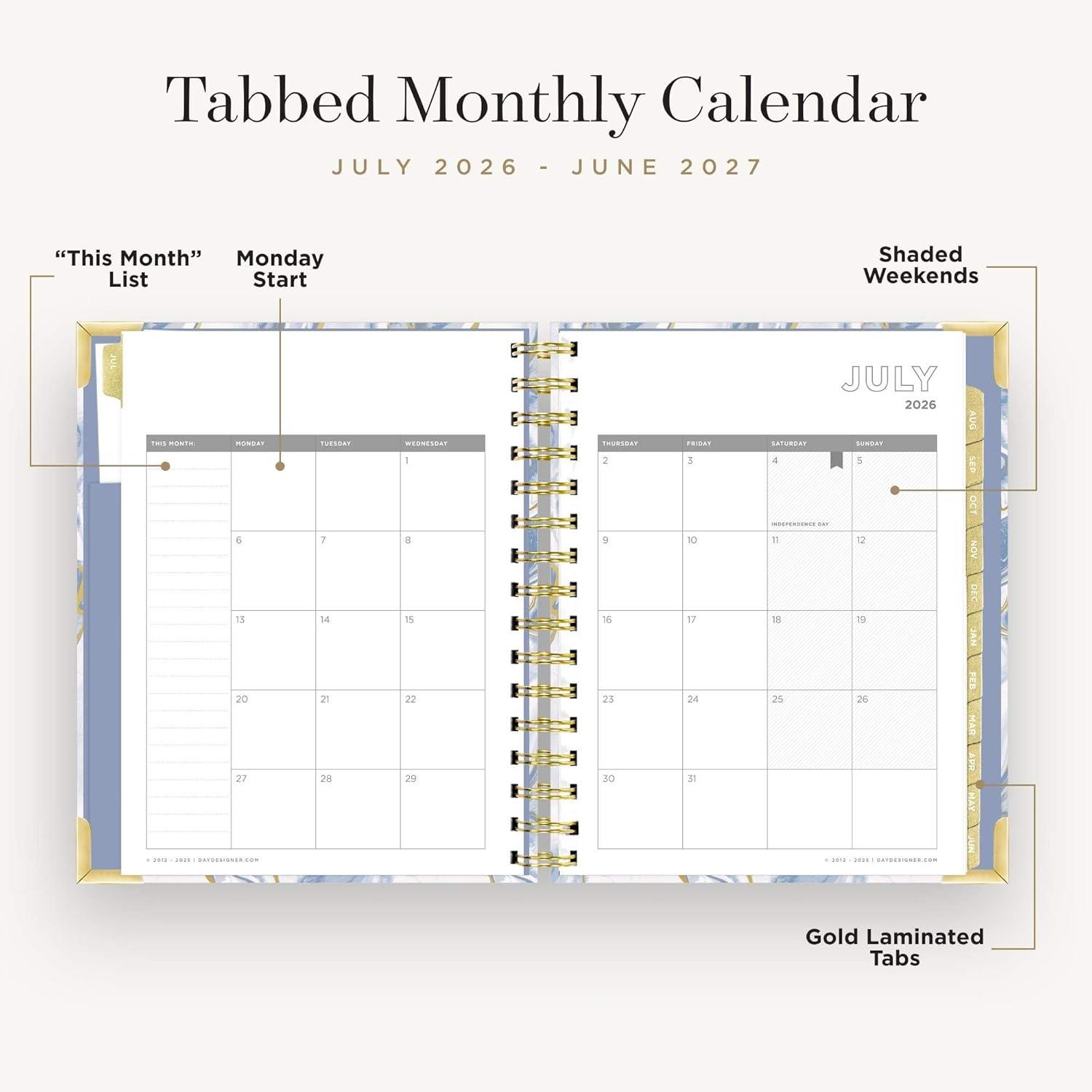 image:imageDay Designer 20262027 Daily Academic Year Planner Calendar July 2026 June 2027 74 x 95 Glossy Laminated Cover Wirebound Laminated Tabs Storage Pocket Includes Stickers amp SnapIn Ruler AzureAzure 202627