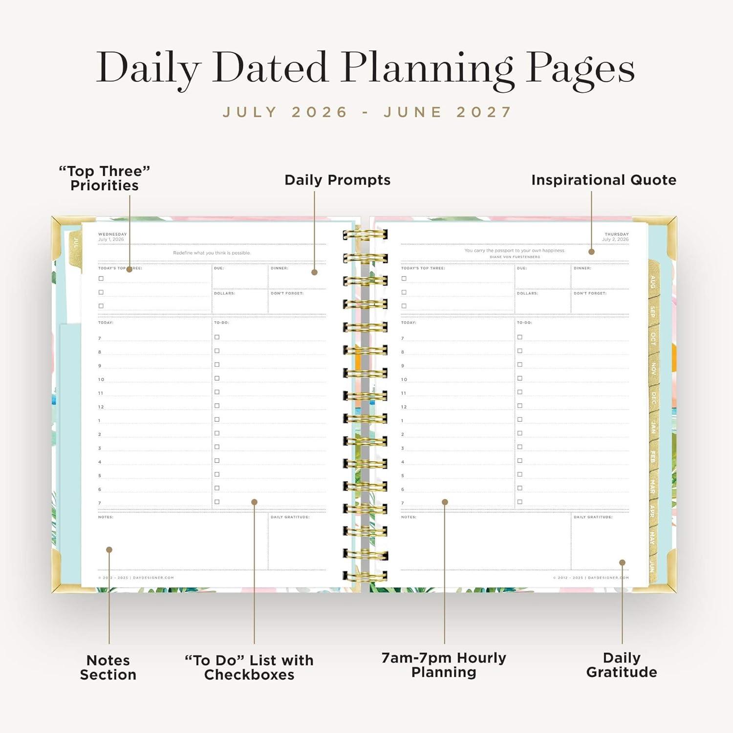 image:imageDay Designer 20262027 Daily Academic Year Planner Calendar July 2026 June 2027 74 x 95 Glossy Laminated Cover Wirebound Laminated Tabs Storage Pocket Includes Stickers amp SnapIn Ruler CapriCapri 202627