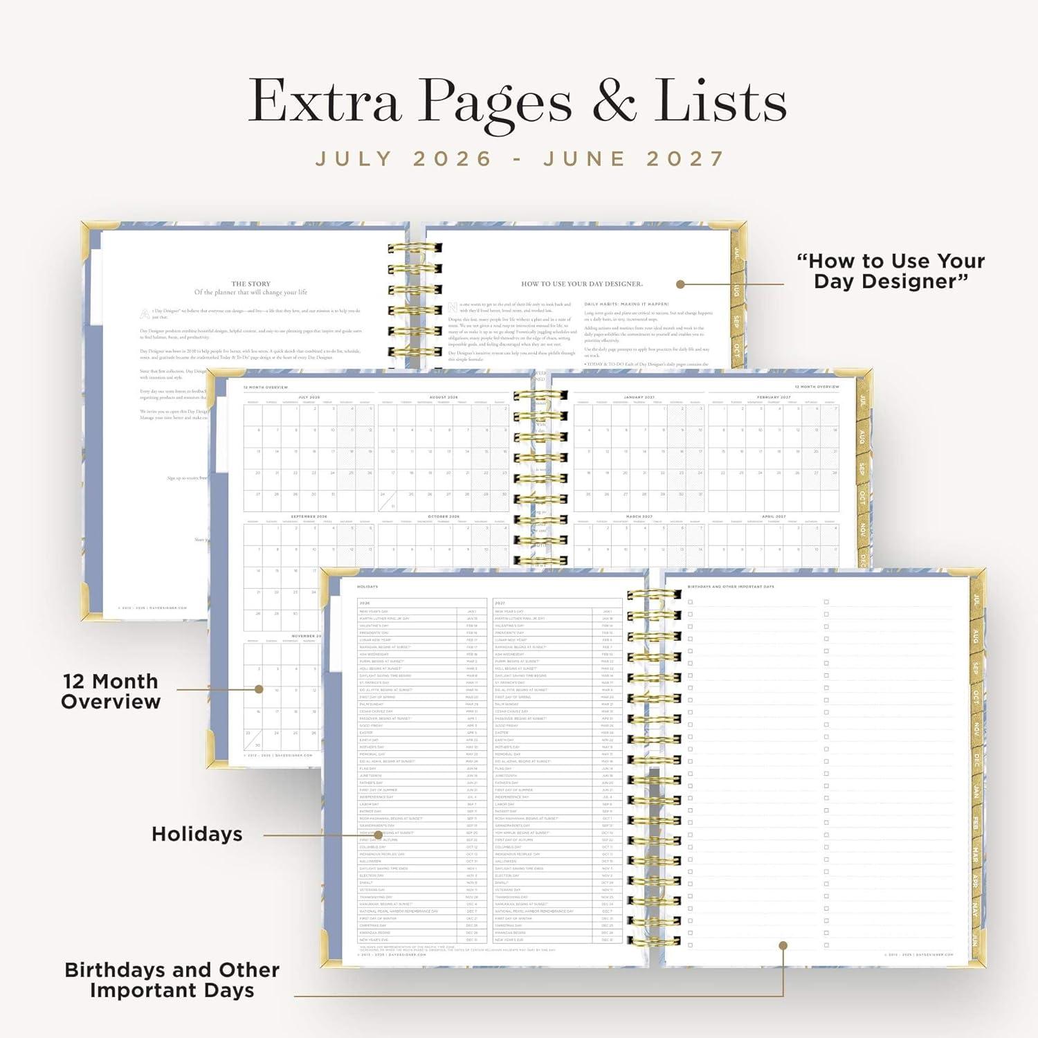 image:imageDay Designer 20262027 Daily Academic Year Planner Calendar July 2026 June 2027 74 x 95 Glossy Laminated Cover Wirebound Laminated Tabs Storage Pocket Includes Stickers amp SnapIn Ruler AzureAzure 202627