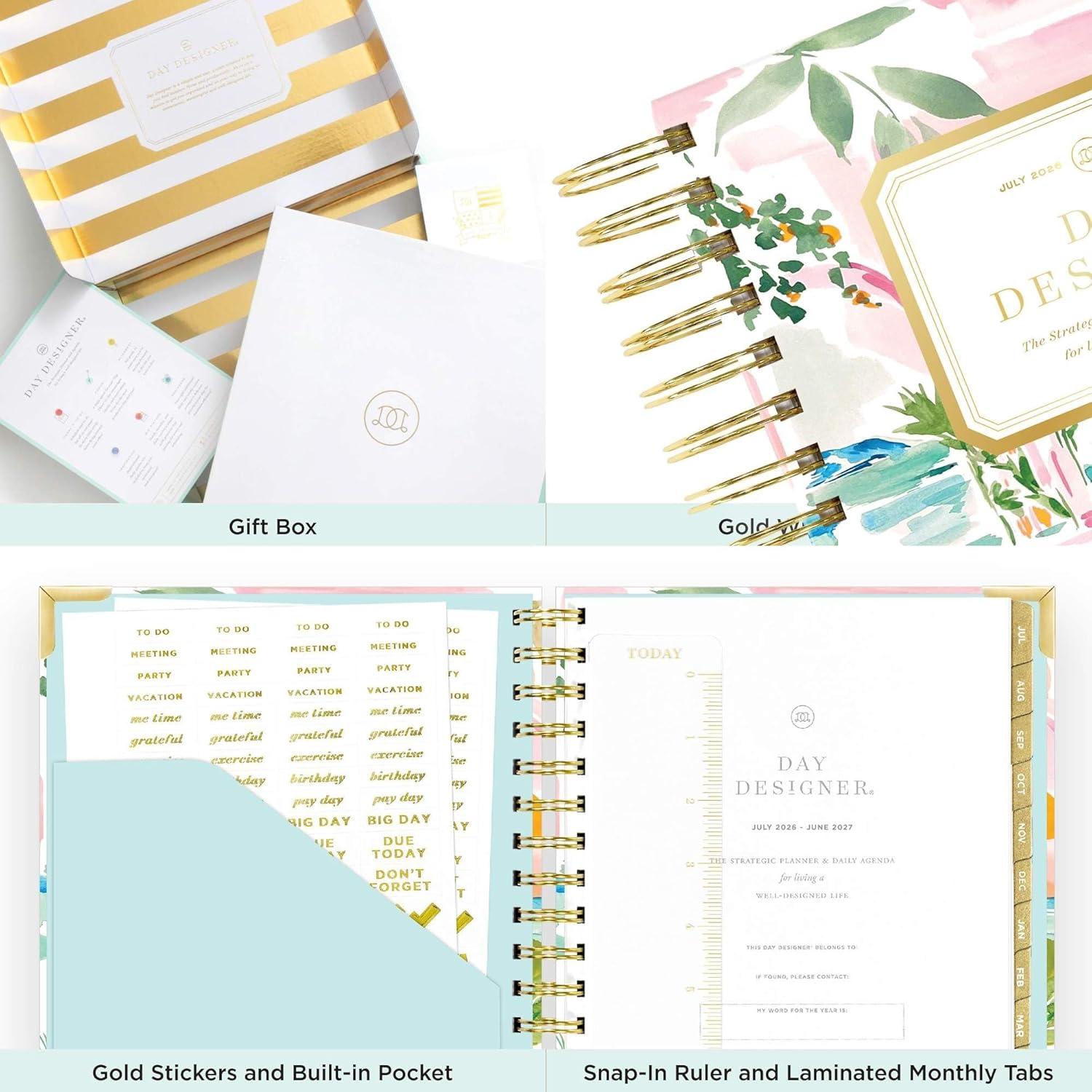 image:imageDay Designer 20262027 Daily Academic Year Planner Calendar July 2026 June 2027 74 x 95 Glossy Laminated Cover Wirebound Laminated Tabs Storage Pocket Includes Stickers amp SnapIn Ruler CapriCapri 202627