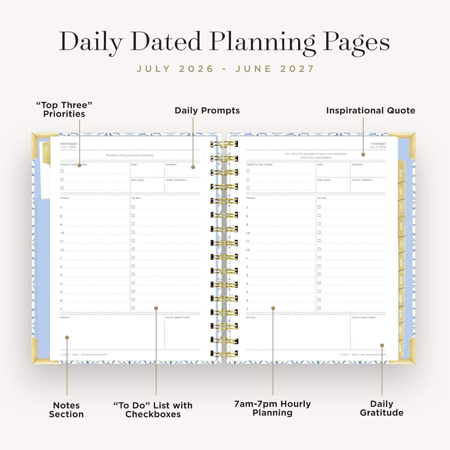 image:imageDay Designer 20262027 Daily Academic Year Planner Calendar July 2026 June 2027 74 x 95 Glossy Laminated Cover Wirebound Laminated Tabs Storage Pocket Includes Stickers amp SnapIn Ruler Casa BellaCasa Bella 202627