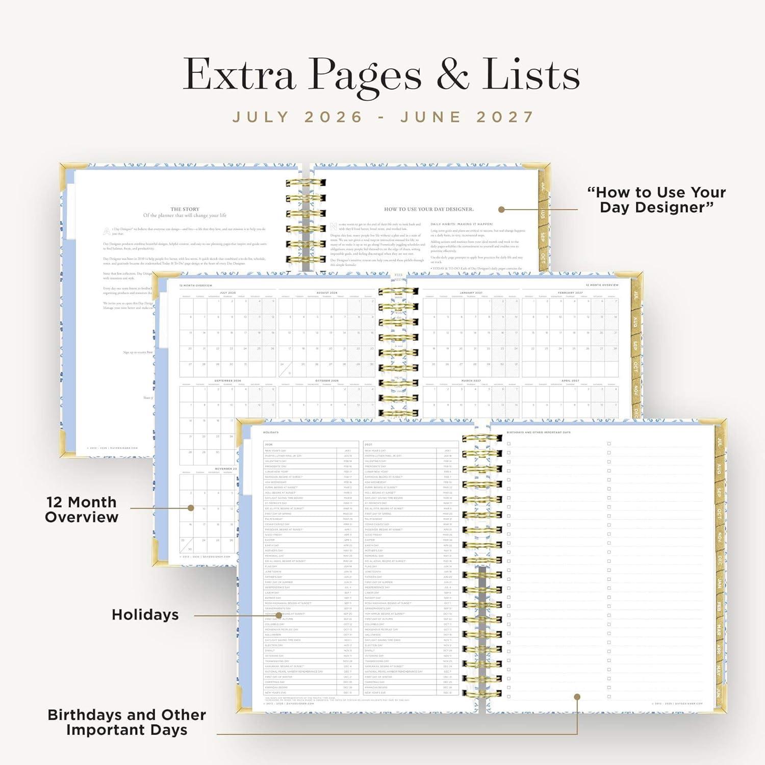 image:imageDay Designer 20262027 Daily Academic Year Planner Calendar July 2026 June 2027 74 x 95 Glossy Laminated Cover Wirebound Laminated Tabs Storage Pocket Includes Stickers amp SnapIn Ruler Casa BellaCasa Bella 202627