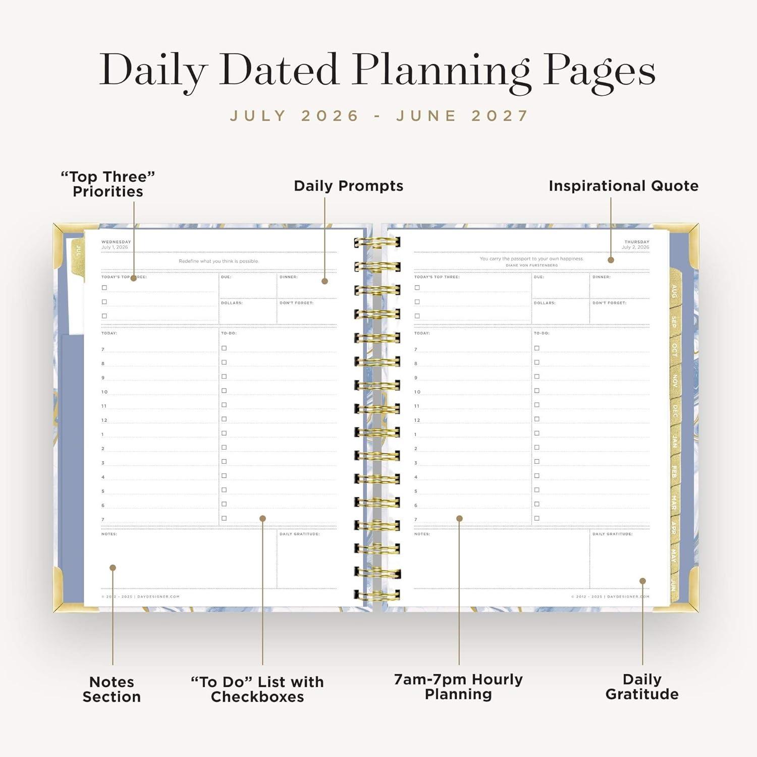 image:imageDay Designer 20262027 Daily Academic Year Planner Calendar July 2026 June 2027 74 x 95 Glossy Laminated Cover Wirebound Laminated Tabs Storage Pocket Includes Stickers amp SnapIn Ruler AzureAzure 202627