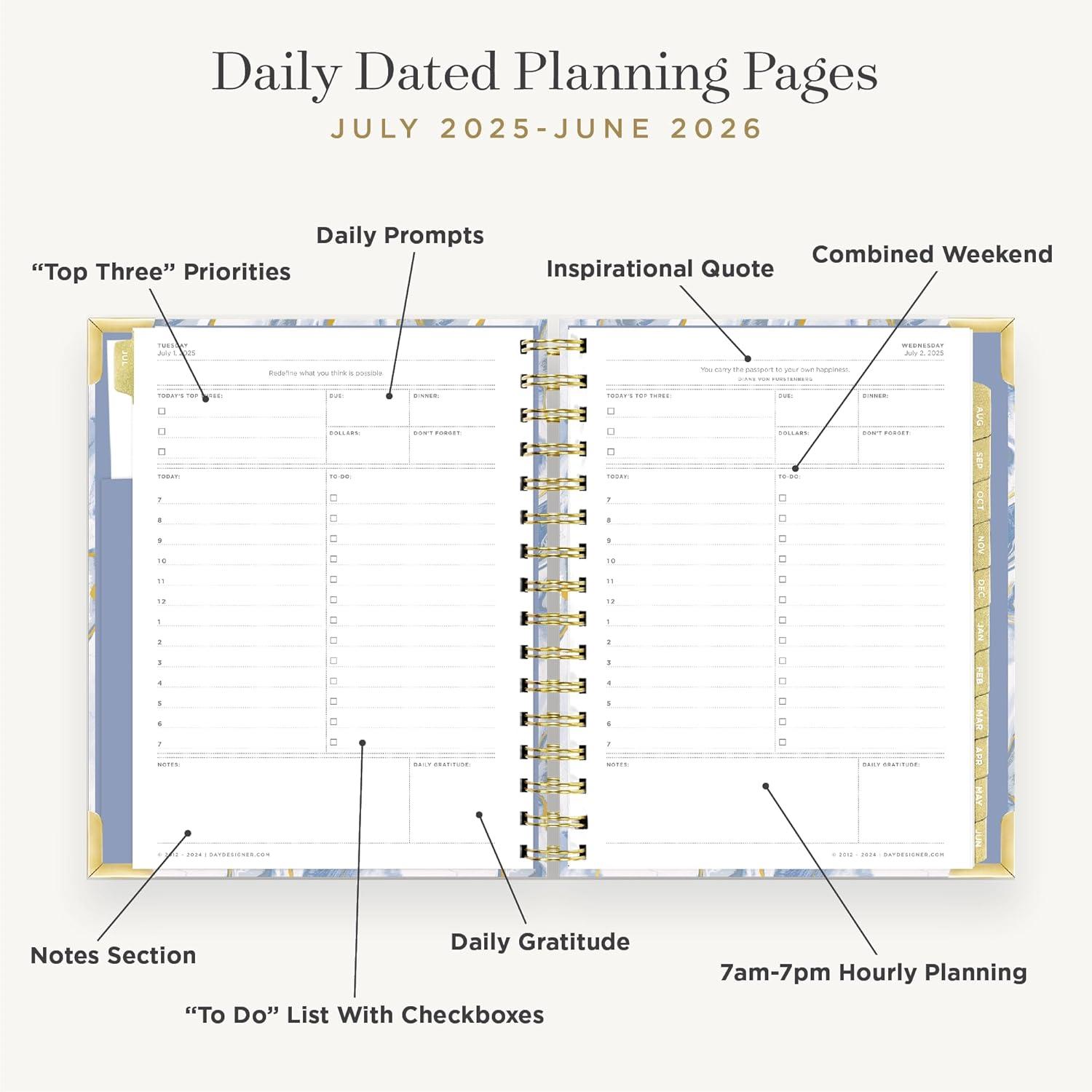 image:imageDay Designer 20262027 Daily Academic Year Planner Calendar July 2026 June 2027 74 x 95 Glossy Laminated Cover Wirebound Laminated Tabs Storage Pocket Includes Stickers amp SnapIn Ruler AzureAzure 20252026