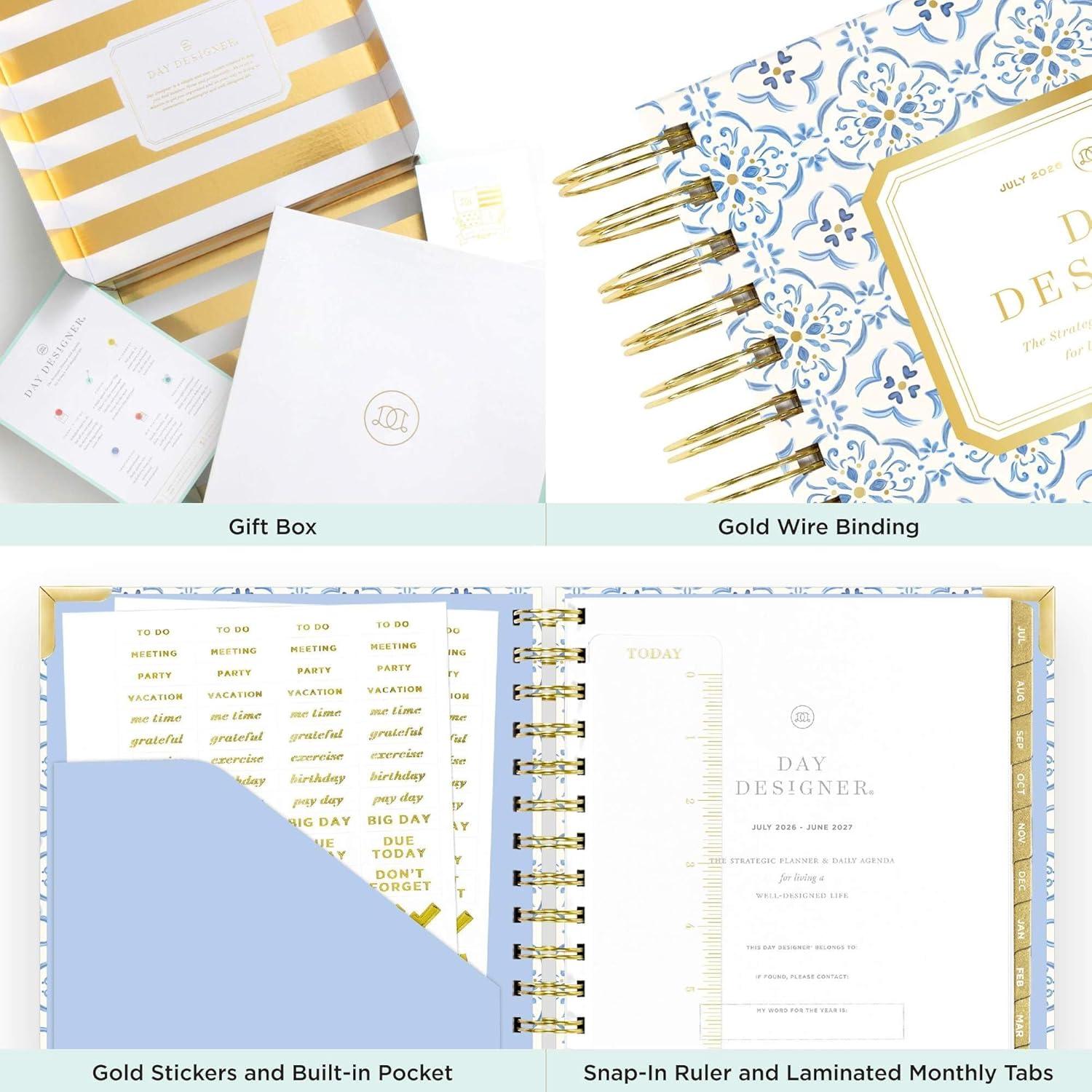 image:imageDay Designer 20262027 Daily Academic Year Planner Calendar July 2026 June 2027 74 x 95 Glossy Laminated Cover Wirebound Laminated Tabs Storage Pocket Includes Stickers amp SnapIn Ruler Casa BellaCasa Bella 202627