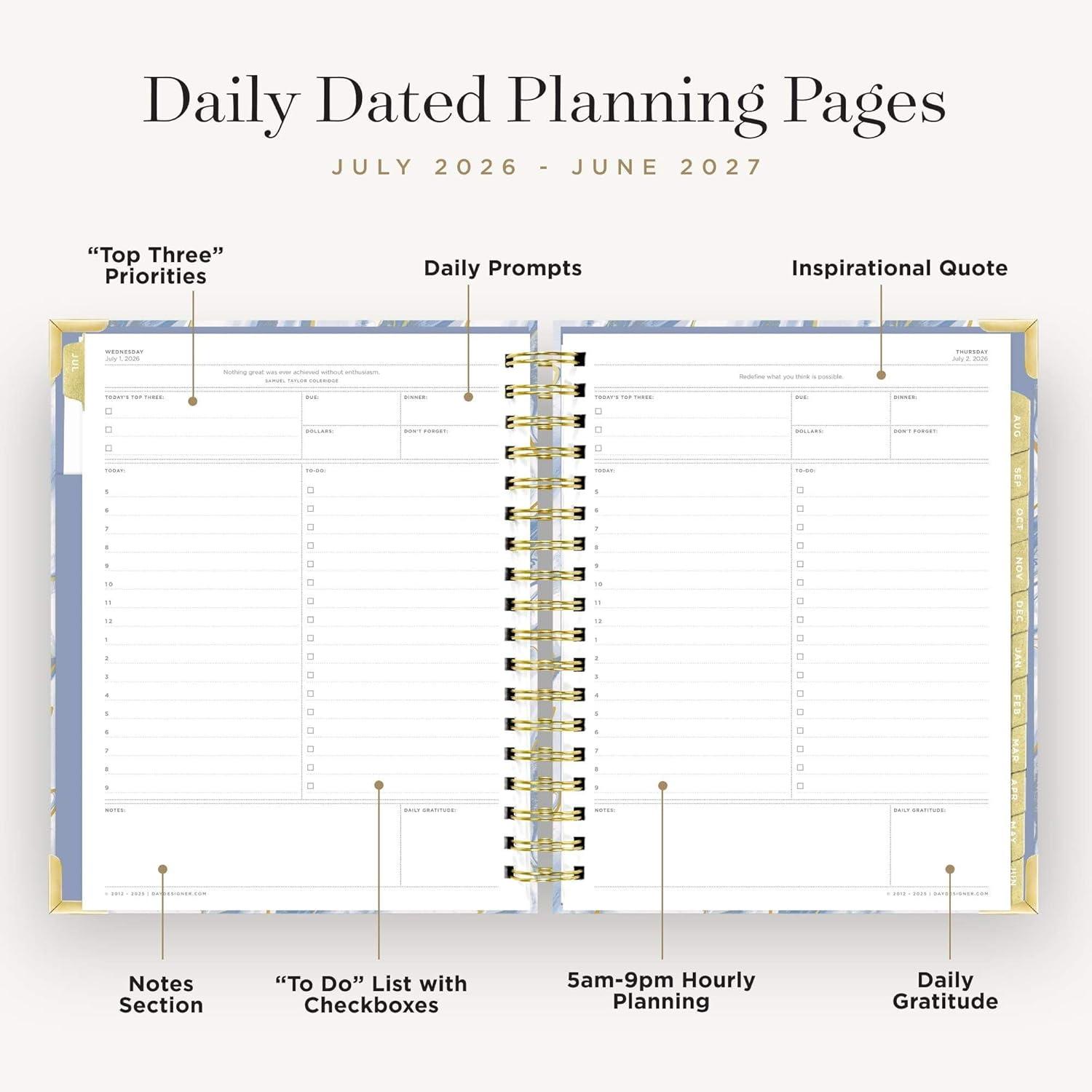 image:imageDay Designer 20262027 Daily Academic Year Planner Calendar July 2026 June 2027 74 x 95 Glossy Laminated Cover Wirebound Laminated Tabs Storage Pocket Includes Stickers amp SnapIn Ruler AzureAzure 202627