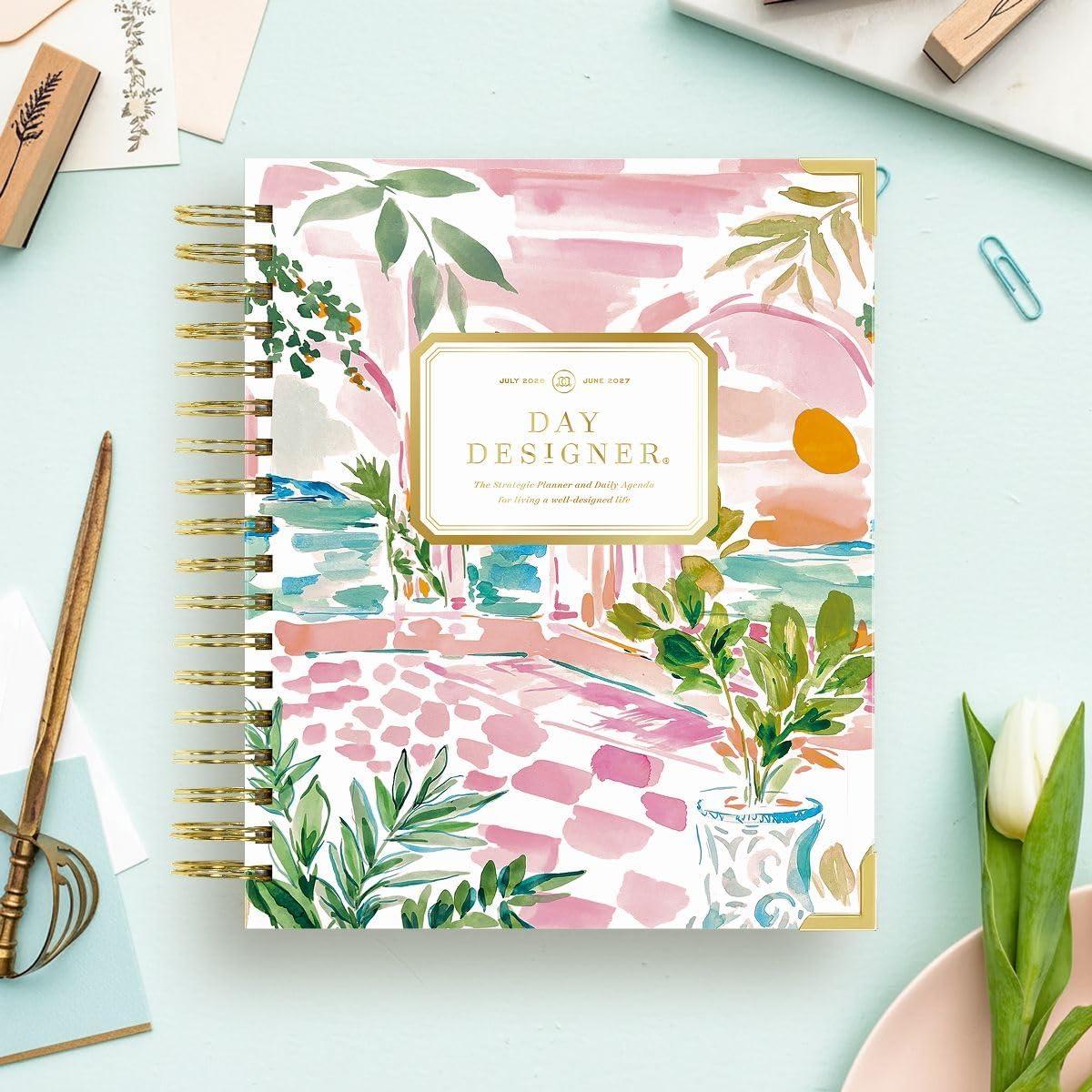 image:imageDay Designer 20262027 Daily Academic Year Planner Calendar July 2026 June 2027 74 x 95 Glossy Laminated Cover Wirebound Laminated Tabs Storage Pocket Includes Stickers amp SnapIn Ruler CapriCapri 202627