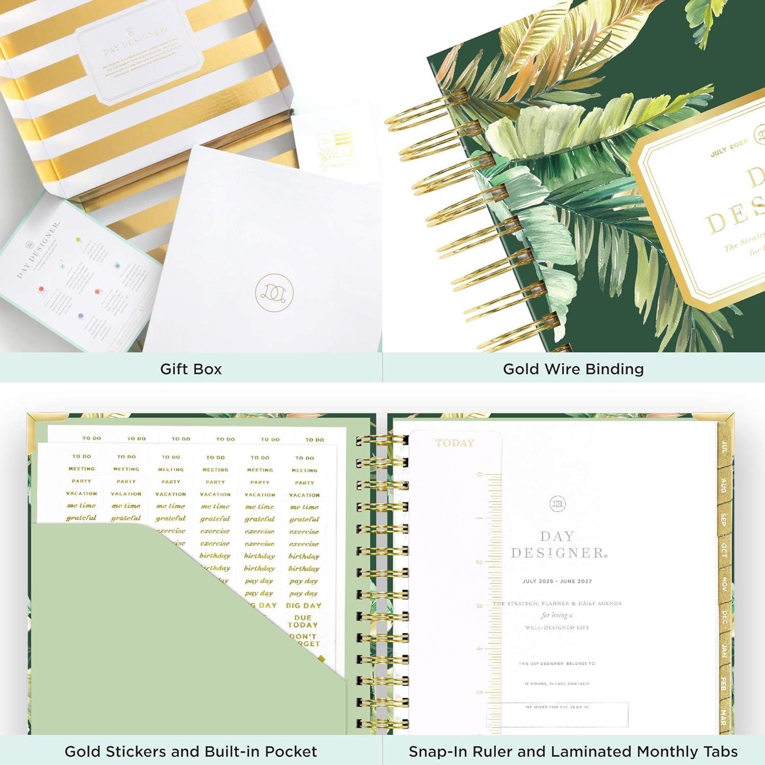 image:imageDay Designer 20262027 Daily Academic Year Planner Calendar July 2026 June 2027 74 x 95 Glossy Laminated Cover Wirebound Laminated Tabs Storage Pocket Includes Stickers amp SnapIn Ruler St BartsSt Barts 202627