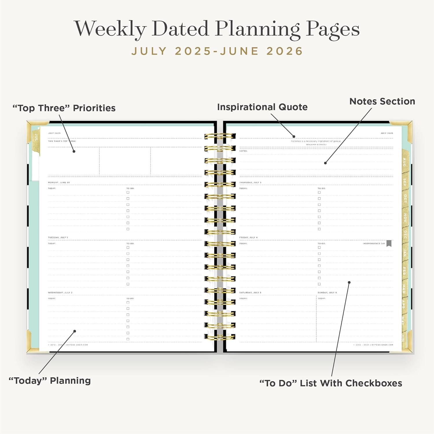 image:imageDay Designer 20262027 Weekly Academic Year Planner Calendar July 2026 June 2027 74 x 95 Glossy Laminated Cover Wirebound Laminated Tabs Storage Pocket Includes Stickers amp SnapIn Ruler Black StripeBlack Stripe 20252026