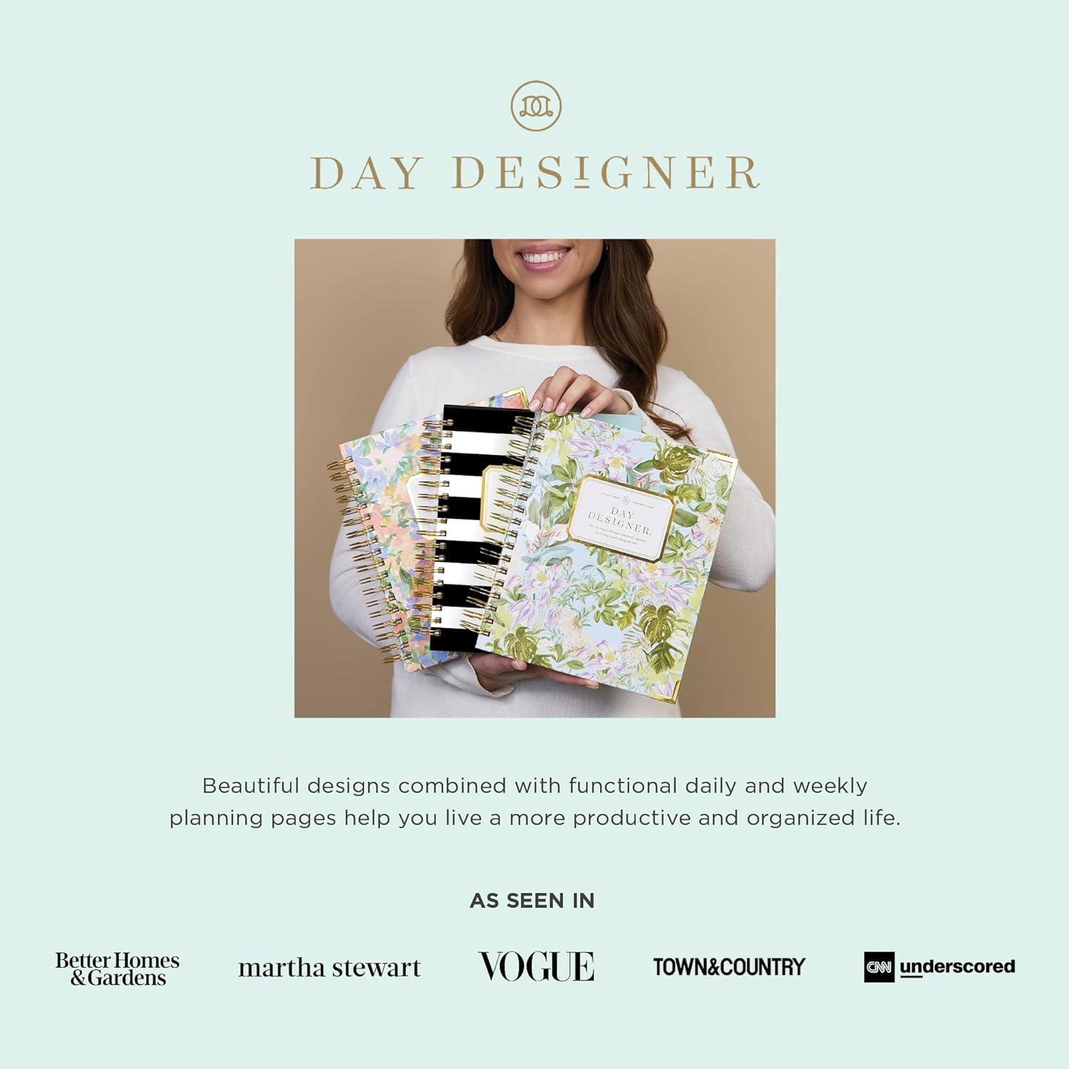 image:imageDay Designer 20262027 Weekly Academic Year Planner Calendar July 2026 June 2027 74 x 95 Glossy Laminated Cover Wirebound Laminated Tabs Storage Pocket Includes Stickers amp SnapIn Ruler Black StripeBlack Stripe 20252026