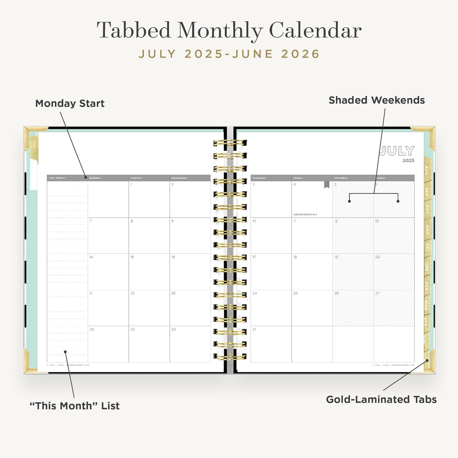 image:imageDay Designer 20262027 Weekly Academic Year Planner Calendar July 2026 June 2027 74 x 95 Glossy Laminated Cover Wirebound Laminated Tabs Storage Pocket Includes Stickers amp SnapIn Ruler Black StripeBlack Stripe 20252026