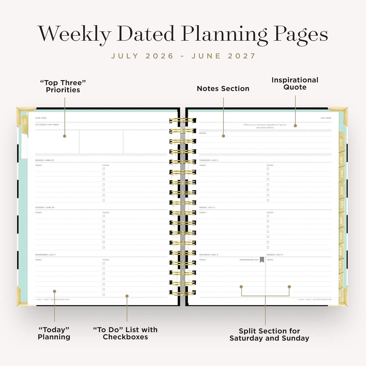 image:imageDay Designer 20262027 Weekly Academic Year Planner Calendar July 2026 June 2027 74 x 95 Glossy Laminated Cover Wirebound Laminated Tabs Storage Pocket Includes Stickers amp SnapIn Ruler Black StripeBlack Stripe 202627
