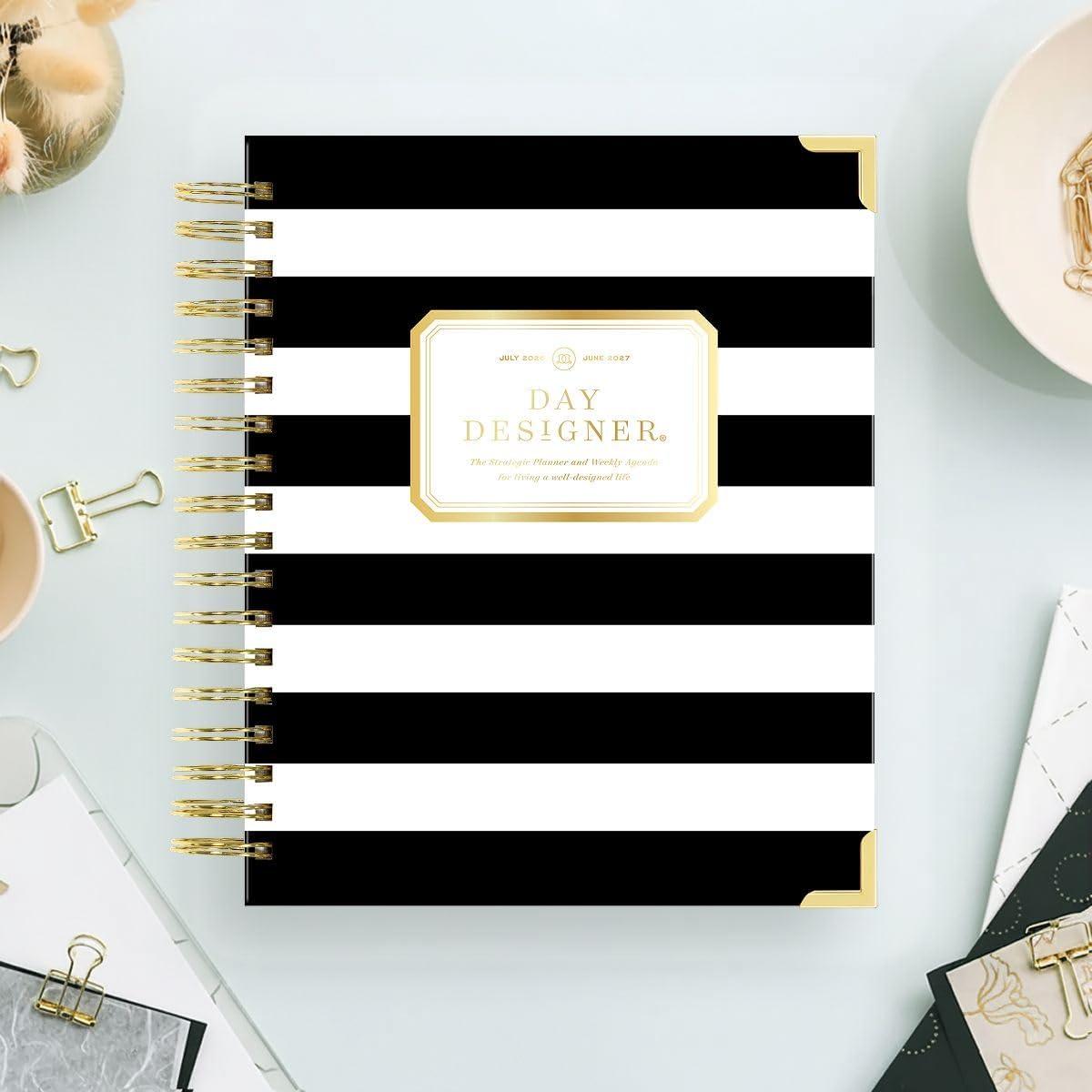 image:imageDay Designer 20262027 Weekly Academic Year Planner Calendar July 2026 June 2027 74 x 95 Glossy Laminated Cover Wirebound Laminated Tabs Storage Pocket Includes Stickers amp SnapIn Ruler Black StripeBlack Stripe 202627