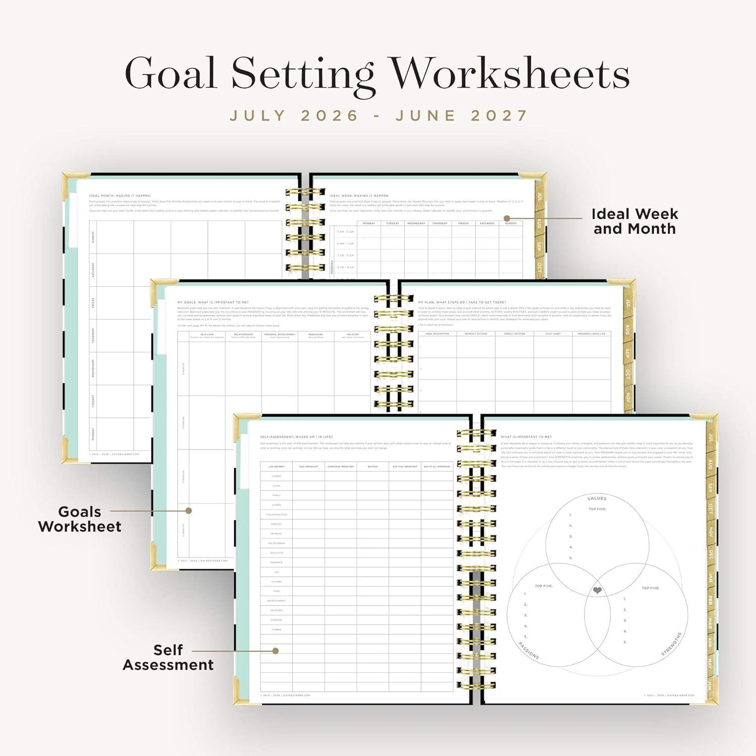 image:imageDay Designer 20262027 Weekly Academic Year Planner Calendar July 2026 June 2027 74 x 95 Glossy Laminated Cover Wirebound Laminated Tabs Storage Pocket Includes Stickers amp SnapIn Ruler Black StripeBlack Stripe 202627