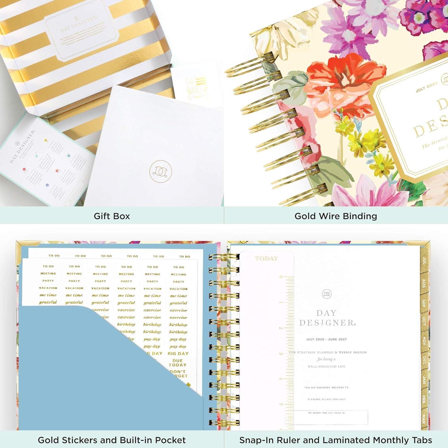 image:imageDay Designer 20262027 Weekly Academic Year Planner Calendar July 2026 June 2027 74 x 95 Glossy Laminated Cover Wirebound Laminated Tabs Storage Pocket Includes Stickers amp SnapIn Ruler Oh So LovelyOh So Lovely 20262027