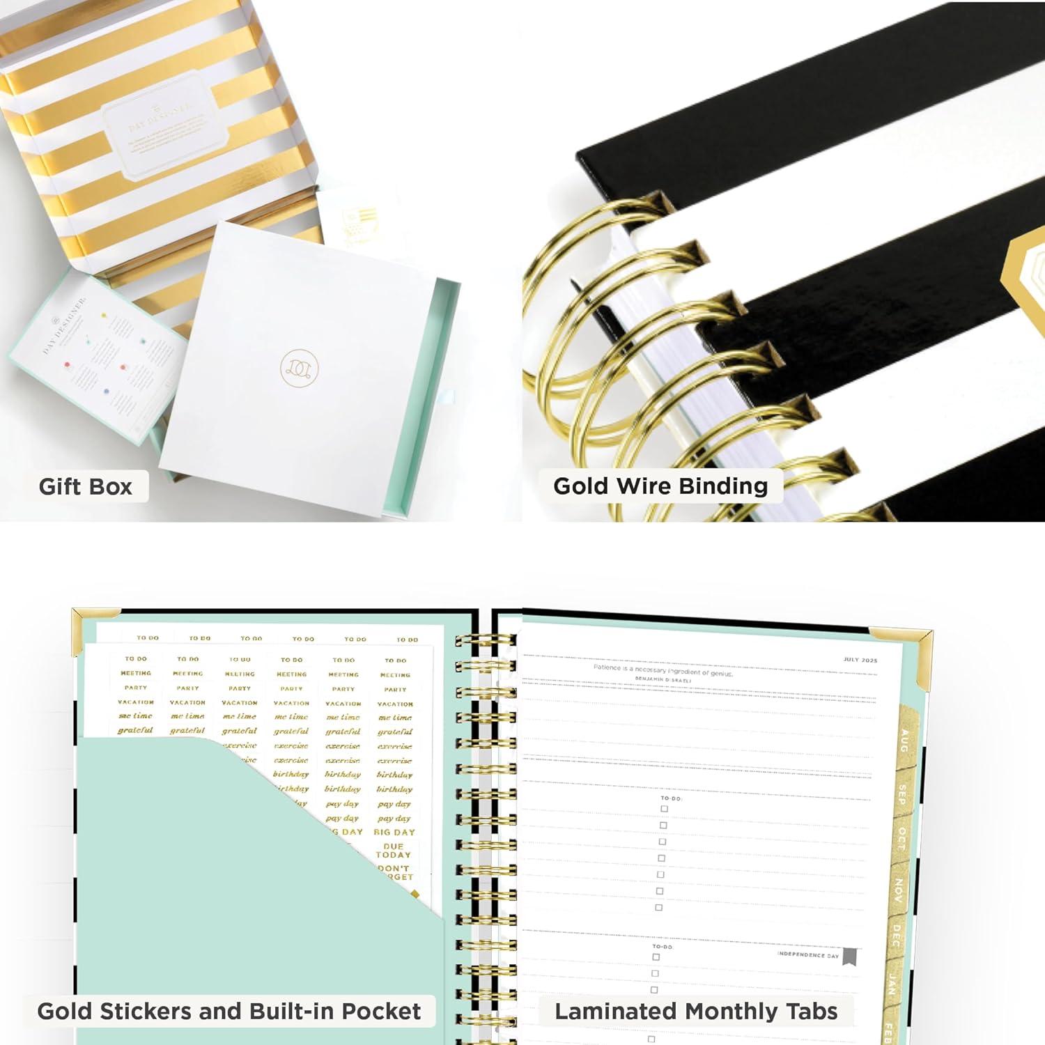 image:imageDay Designer 20262027 Weekly Academic Year Planner Calendar July 2026 June 2027 74 x 95 Glossy Laminated Cover Wirebound Laminated Tabs Storage Pocket Includes Stickers amp SnapIn Ruler Black StripeBlack Stripe 20252026