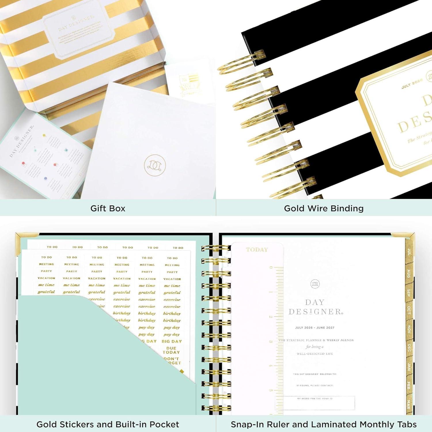 image:imageDay Designer 20262027 Weekly Academic Year Planner Calendar July 2026 June 2027 74 x 95 Glossy Laminated Cover Wirebound Laminated Tabs Storage Pocket Includes Stickers amp SnapIn Ruler Black StripeBlack Stripe 202627